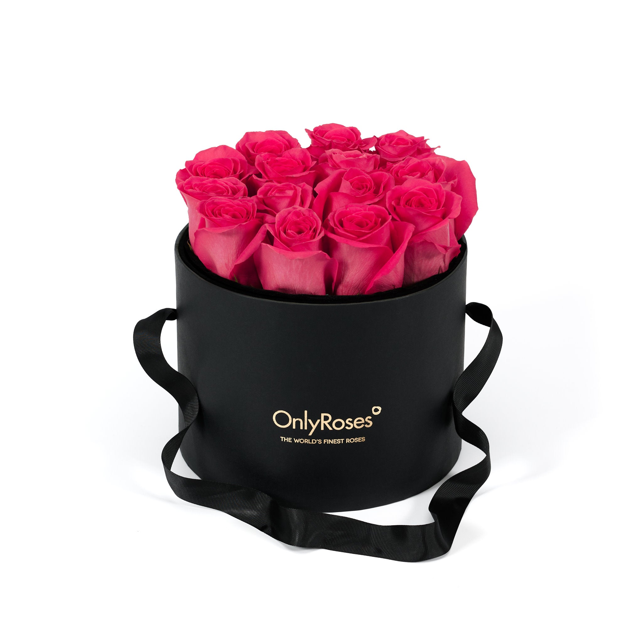 Black round box with pink roses and 'Only Roses' branding on a white background