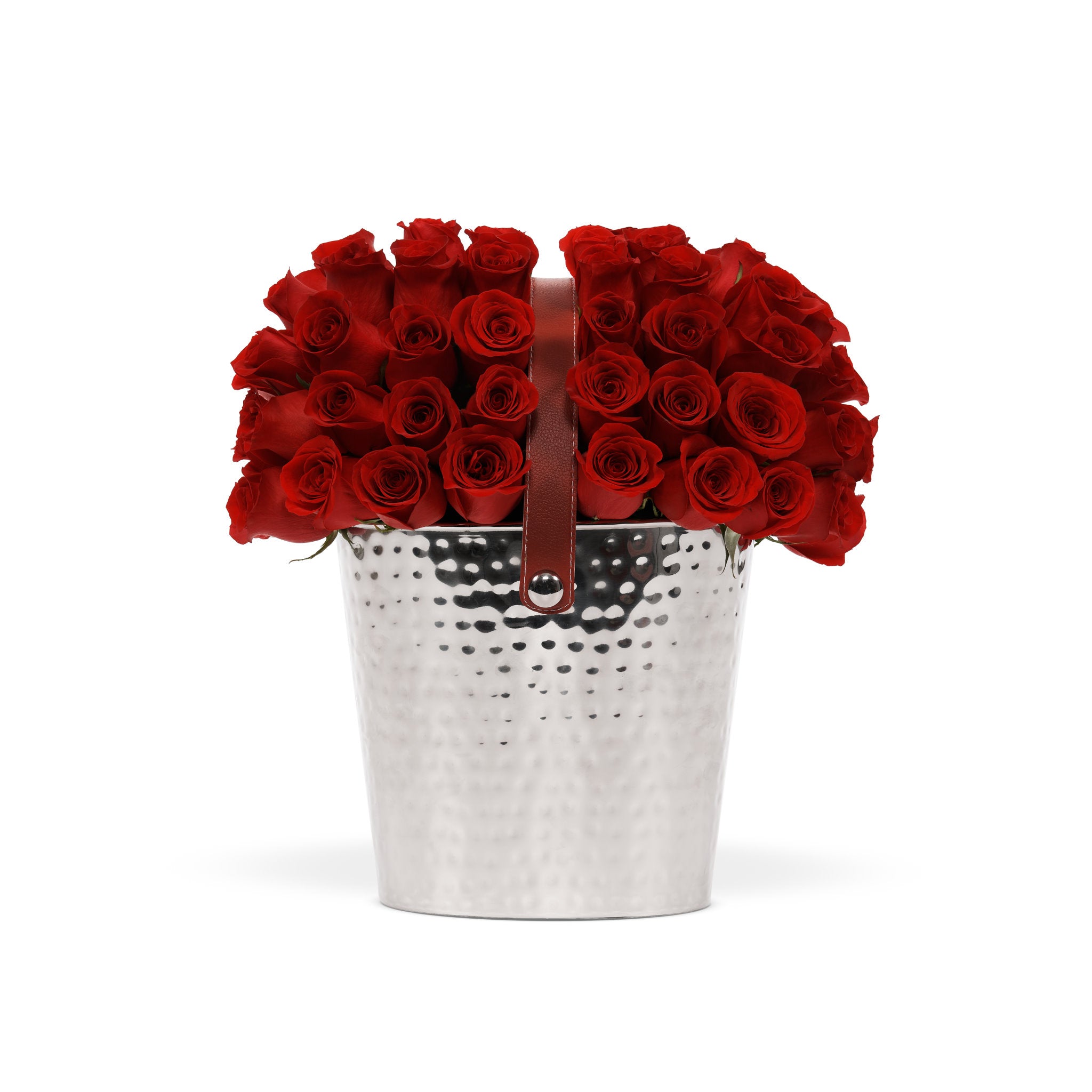 Silver bucket with red roses on a white background