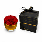 Red rose in a gold vase with a black box labeled 'Only Roses' on a white background