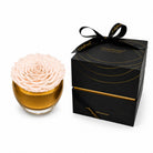 Pink rose in a glass with a black box labeled 'OnlyRoses' on a white background