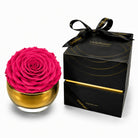 Pink rose in a gold container with a black box labeled 'Only Roses' on a white background