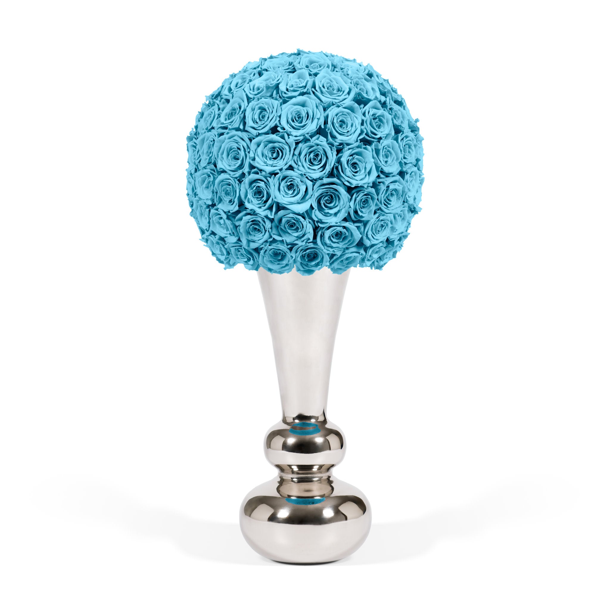 Blue rose ball on a silver stand against a white background