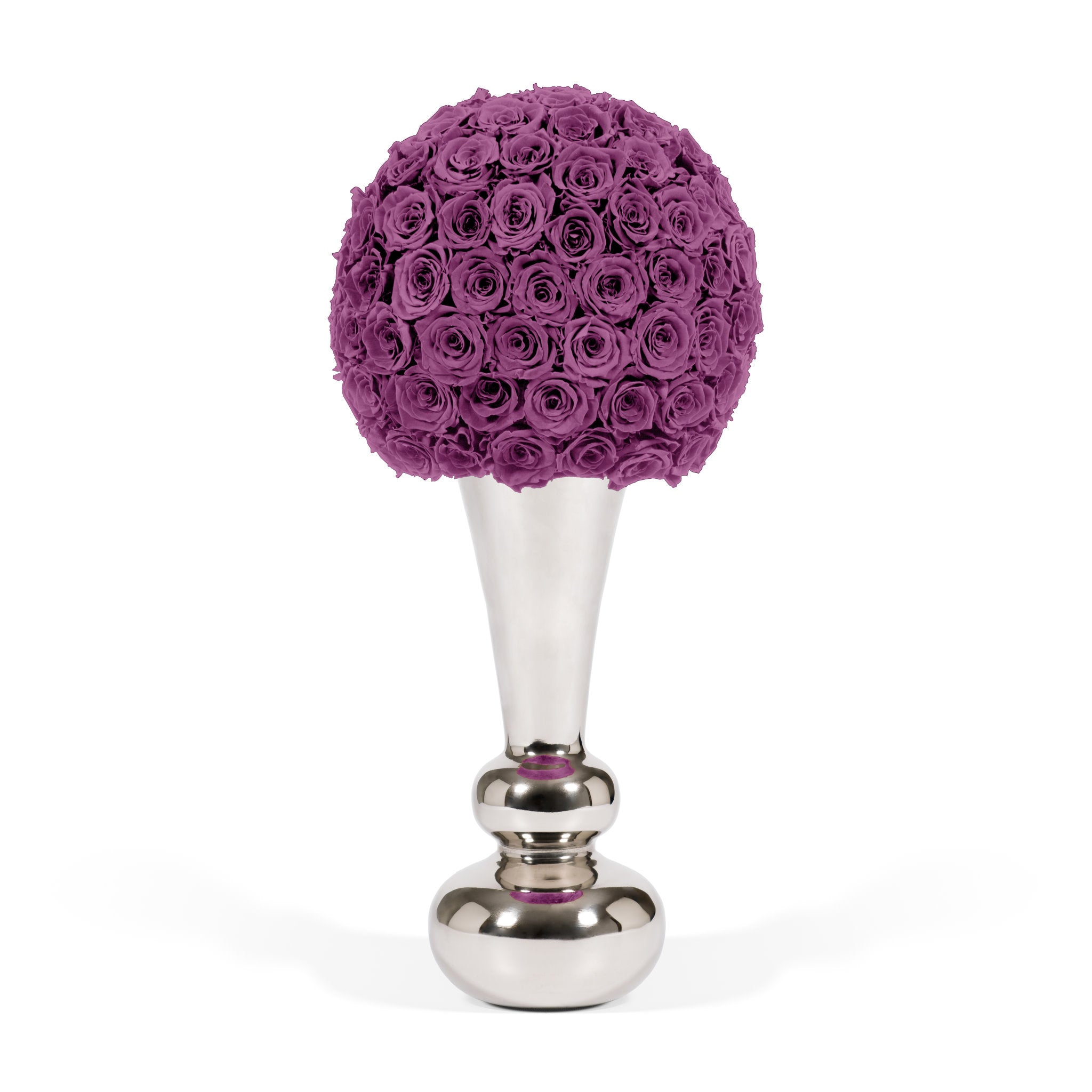 Decorative object with purple spherical rose arrangement on a silver stand against a white background