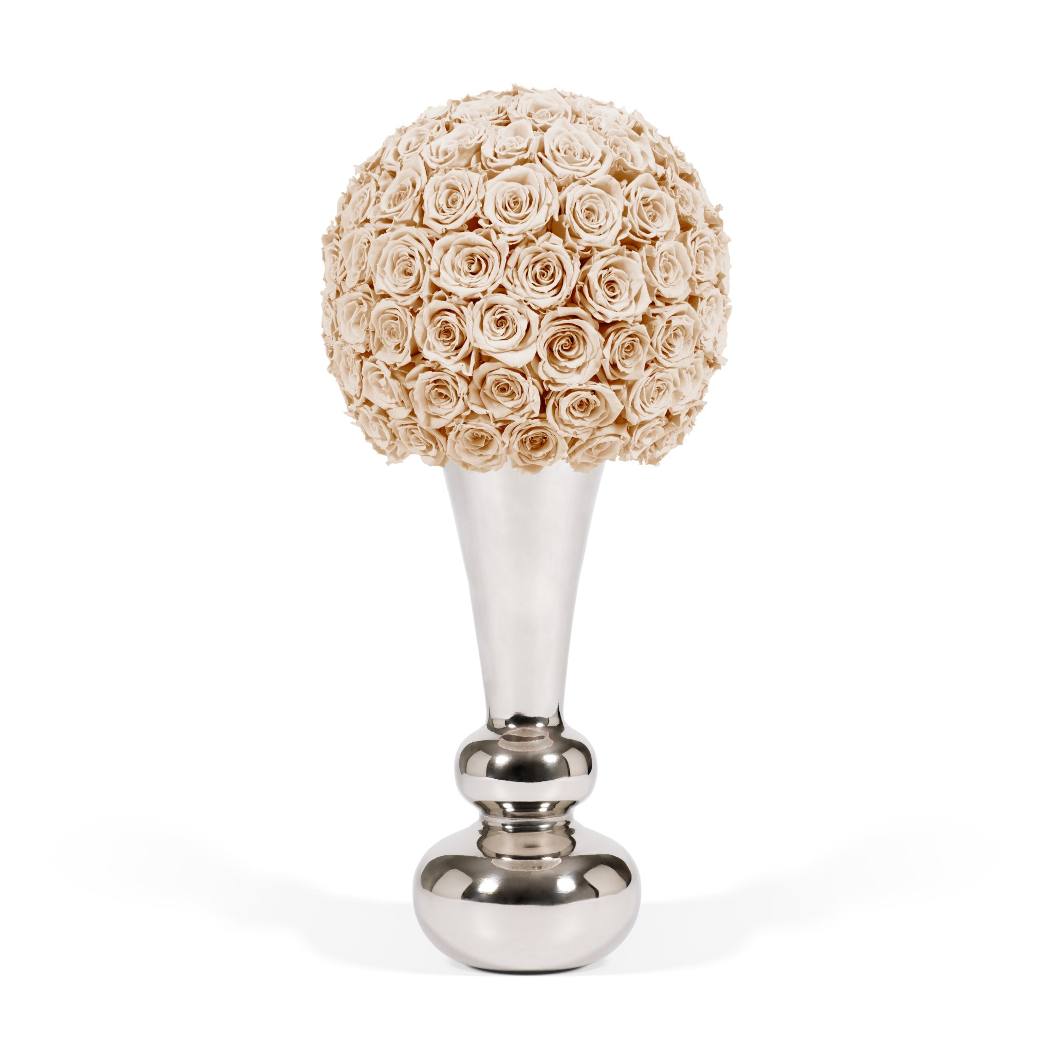 Decorative vase with beige roses on a white background