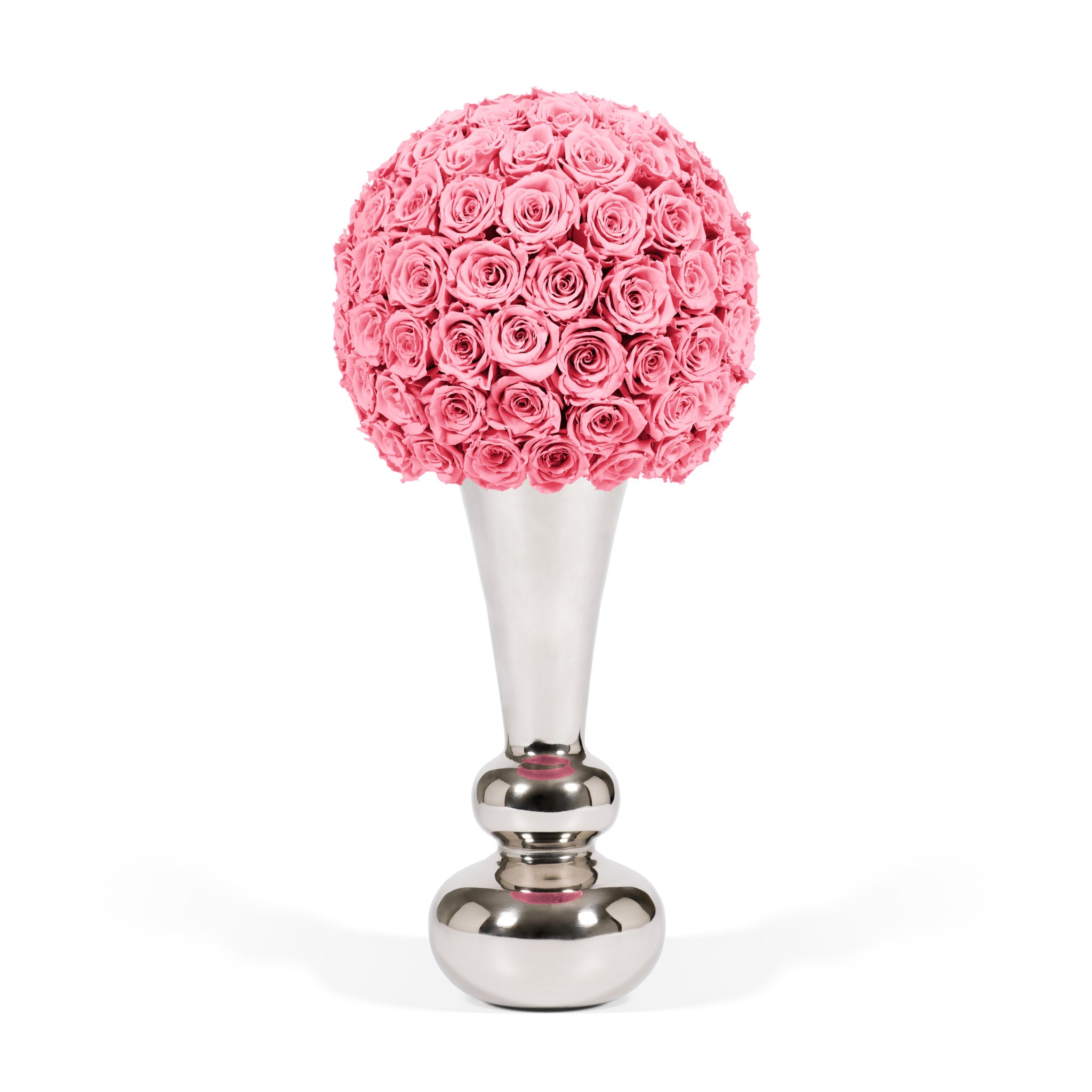 Decorative object with pink rose ball and silver base on a white background