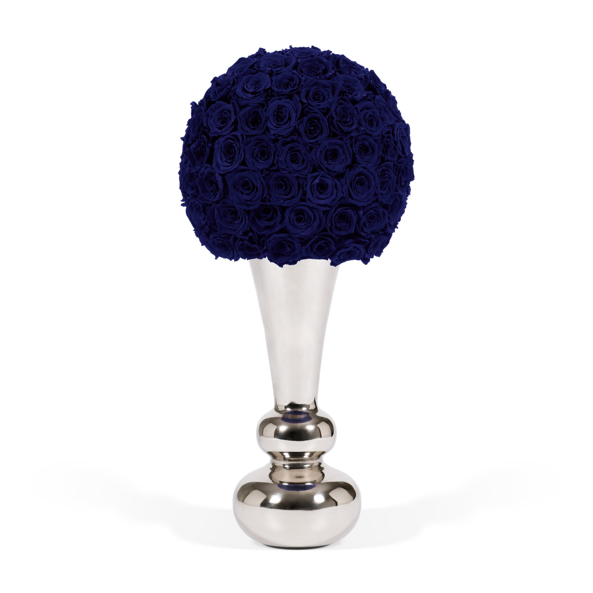 Decorative object with blue rose ball on a silver stand against a white background