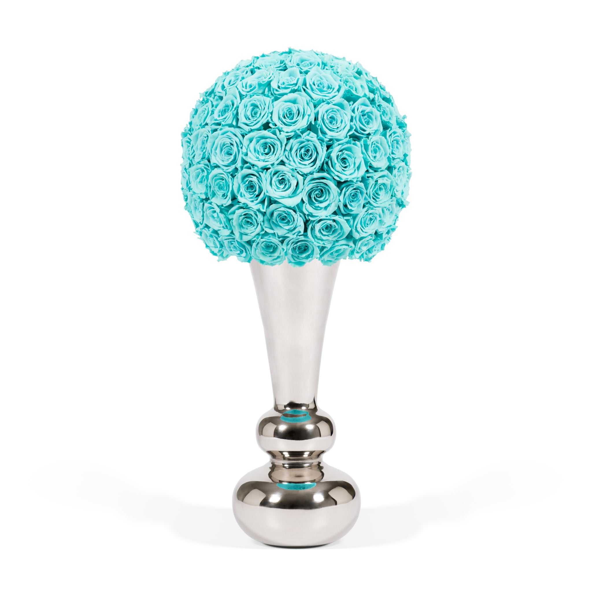 Decorative object with turquoise rose ball on a silver stand against a white background