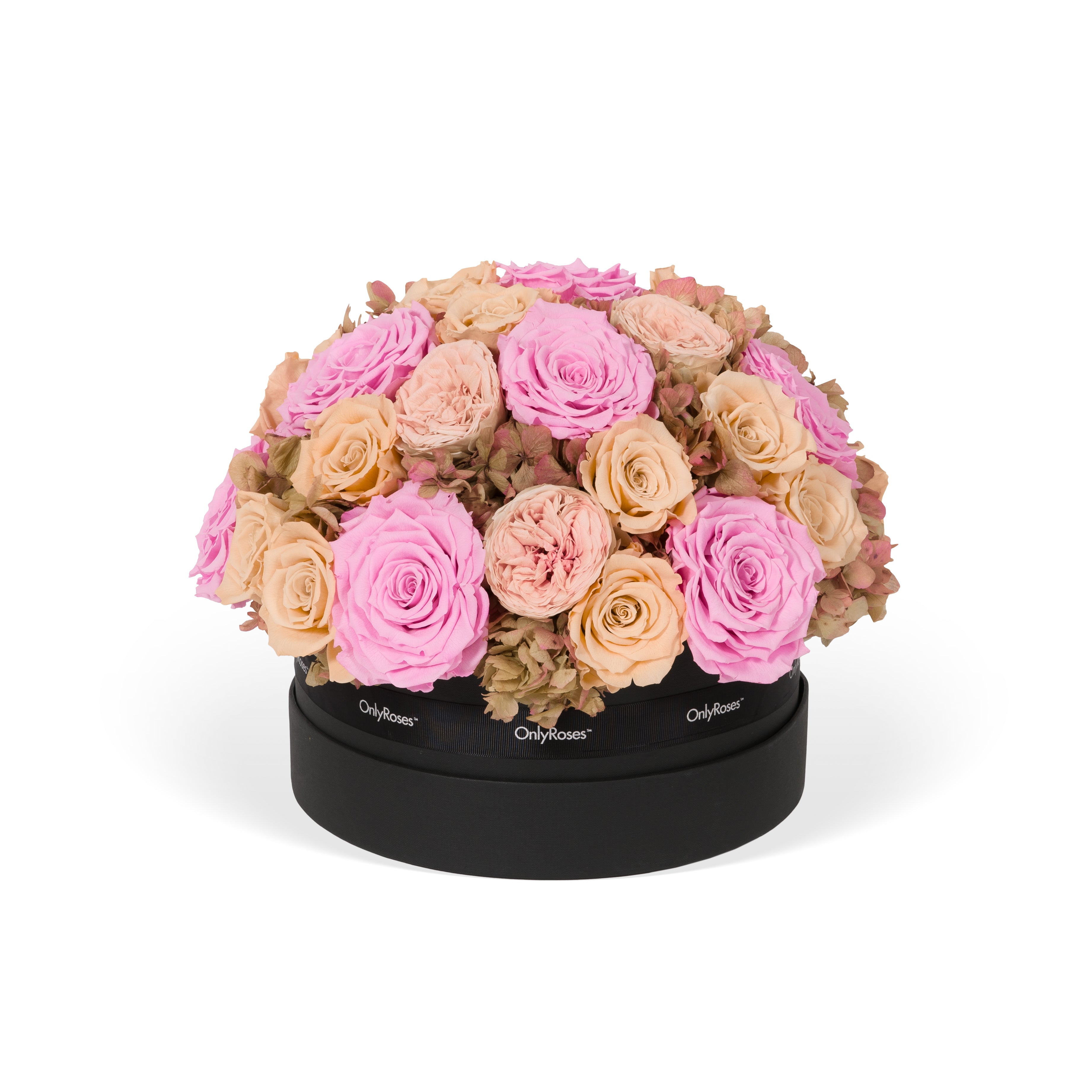 Round black box with pink and beige roses on a white background