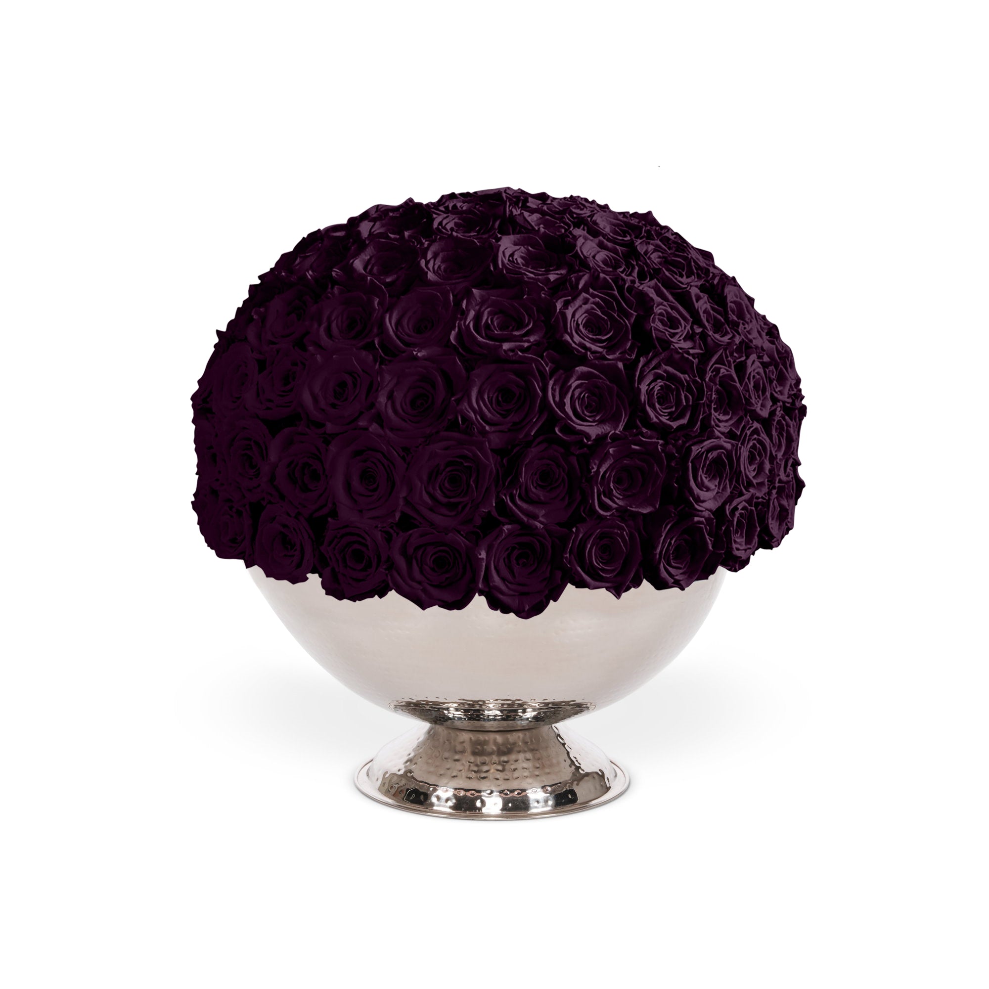 Decorative sphere made of purple roses on a white pedestal against a white background