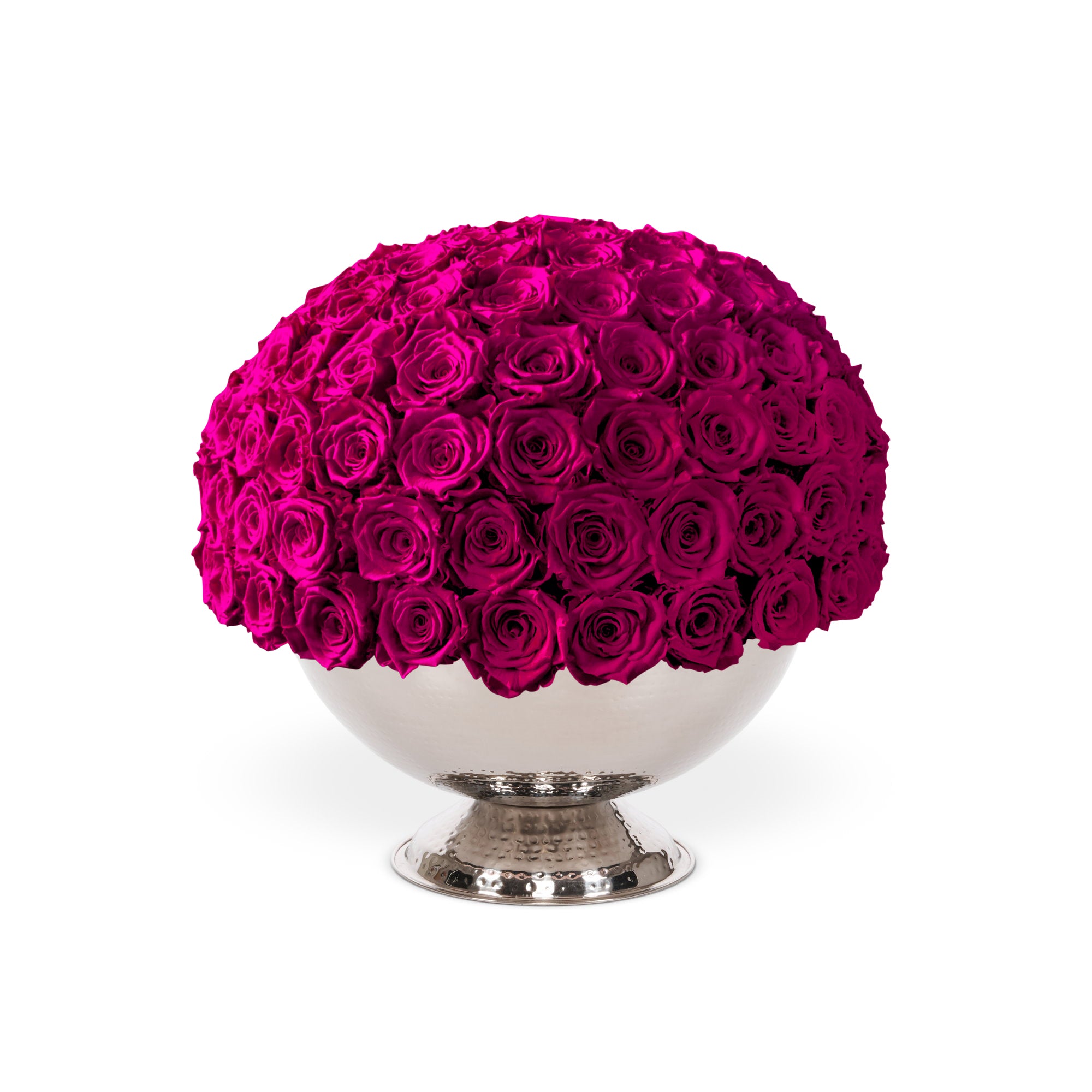 Spherical arrangement of pink roses on a white pedestal against a white background