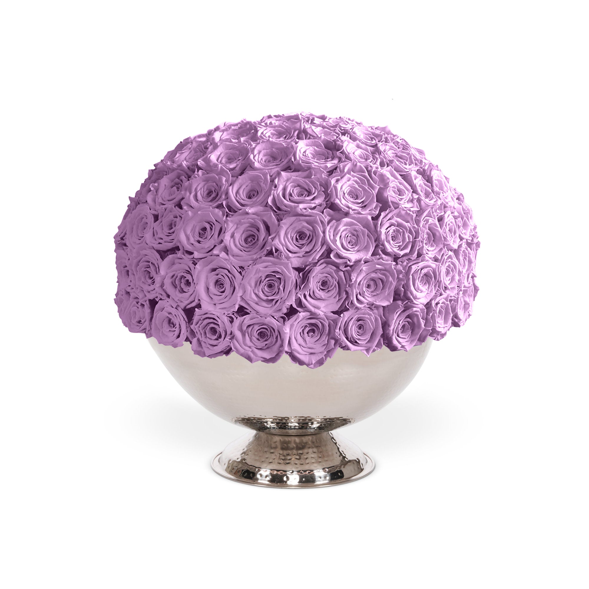 Decorative sphere made of purple roses on a white background