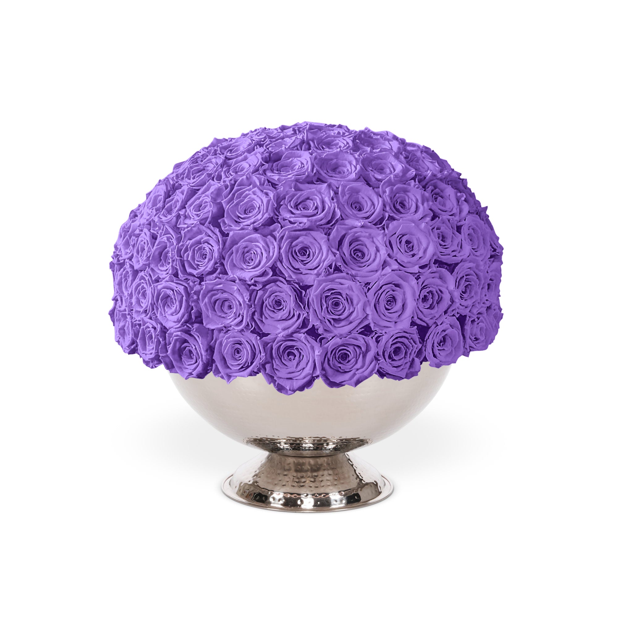 Purple rose ball on a white pedestal against a white background