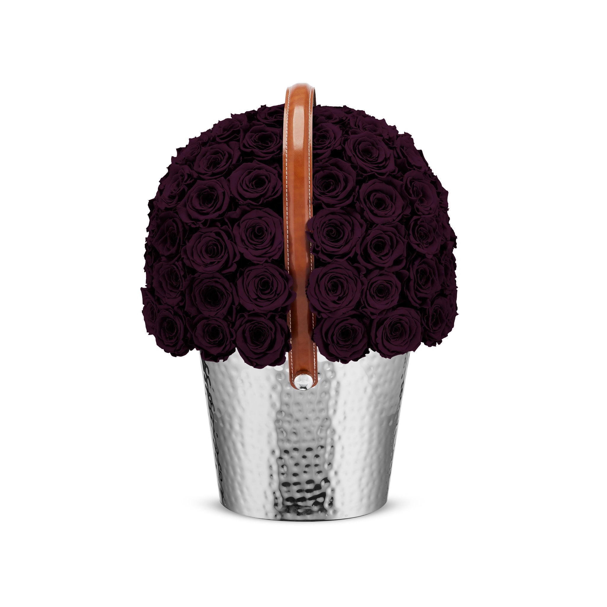 Basket filled with aubergine roses on a white background