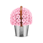 Basket filled with pink roses on a white background