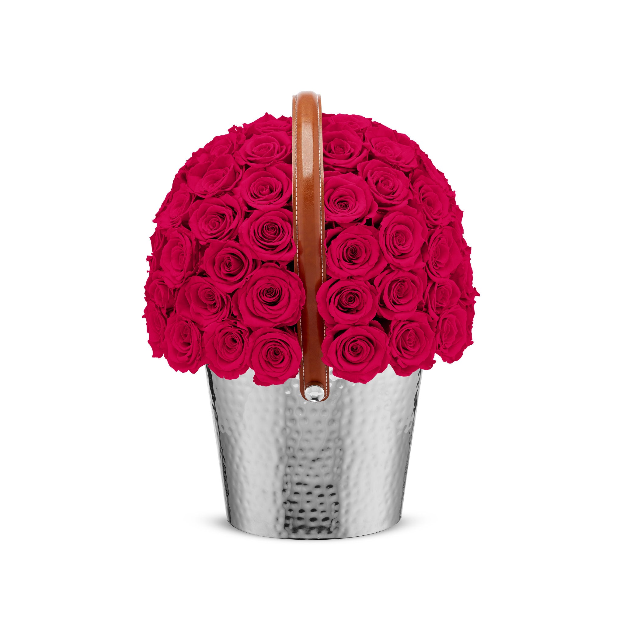 Basket filled with red roses on a white background