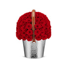 Basket filled with red roses on a white background