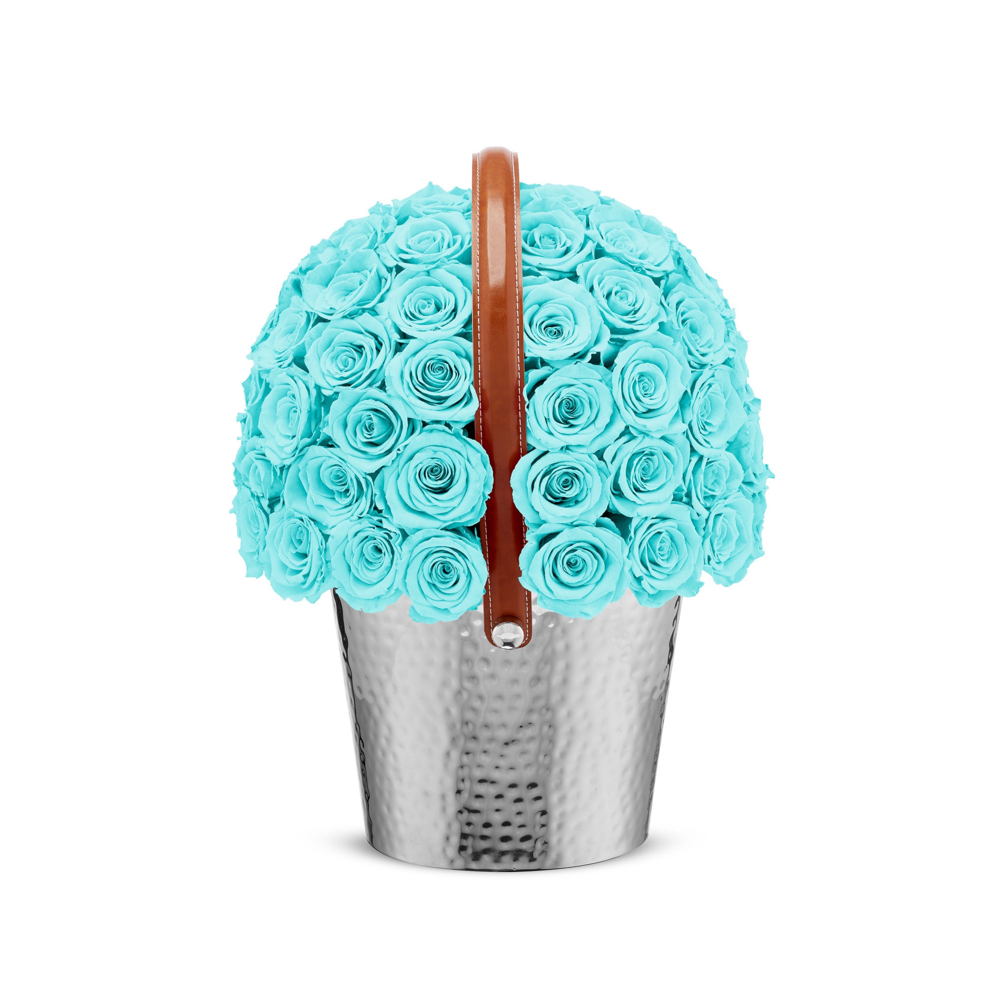 Bouquet of turquoise roses in a silver bucket with a brown handle on a white background
