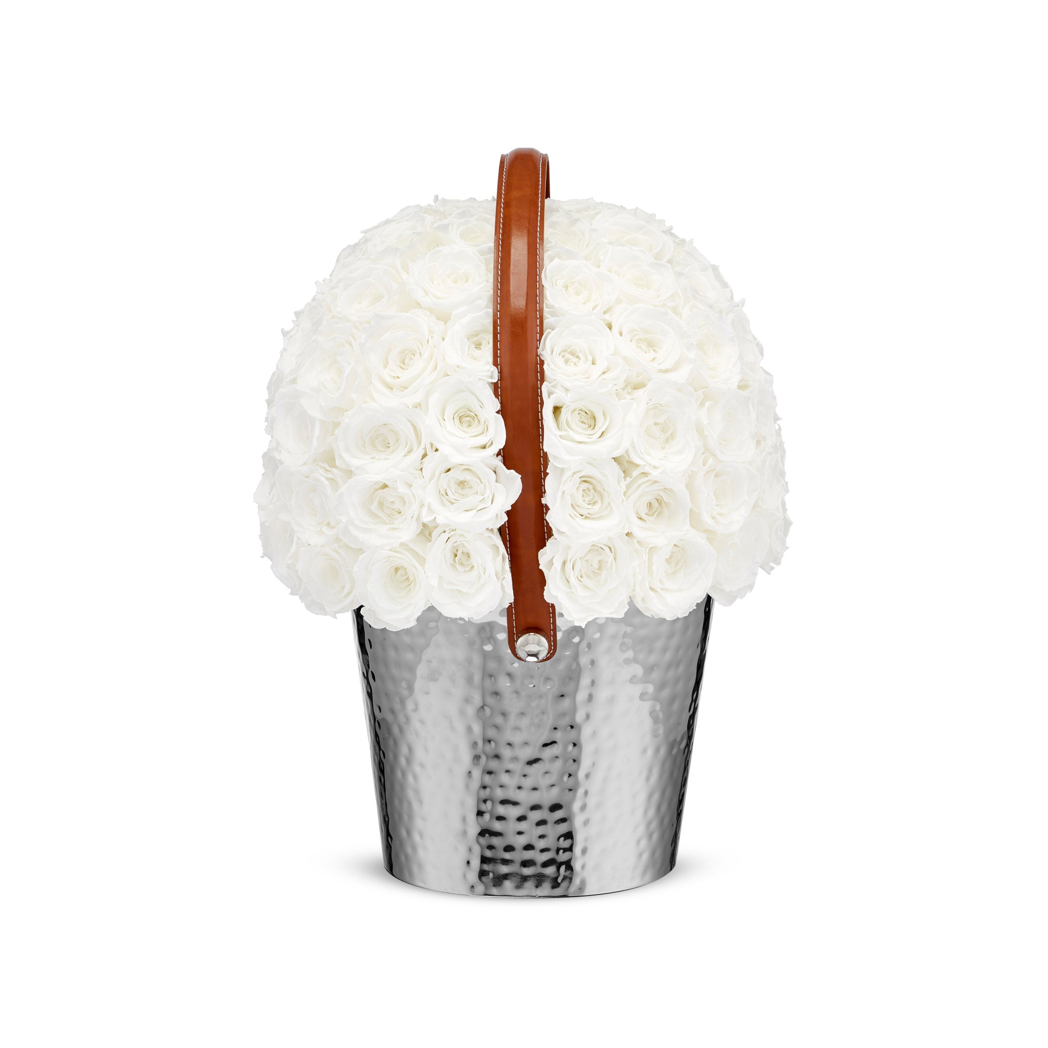 White flowers in a silver bucket with a brown handle on a white background