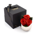 Three red roses in a white vase next to an 'Only Roses' black gift box on a white background
