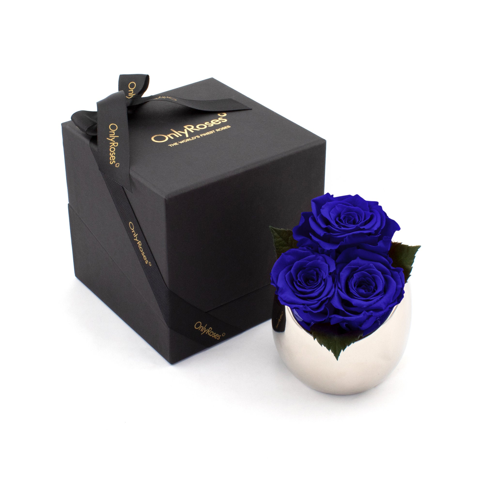 Three blue roses in a silver vase next to an 'Only Roses' branded box on a white background
