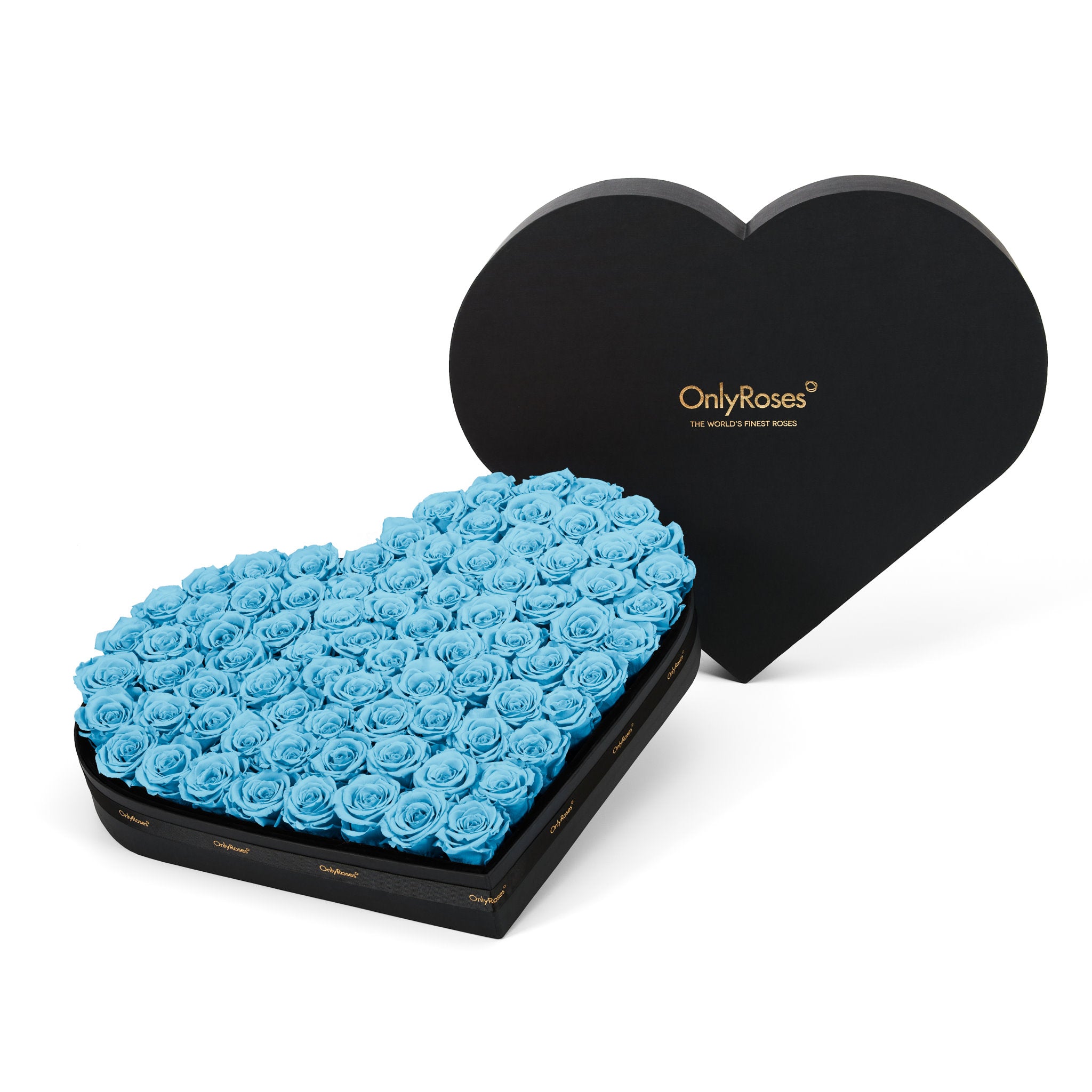 Heart-shaped box of blue roses with 'OnlyRoses' branding on a white background