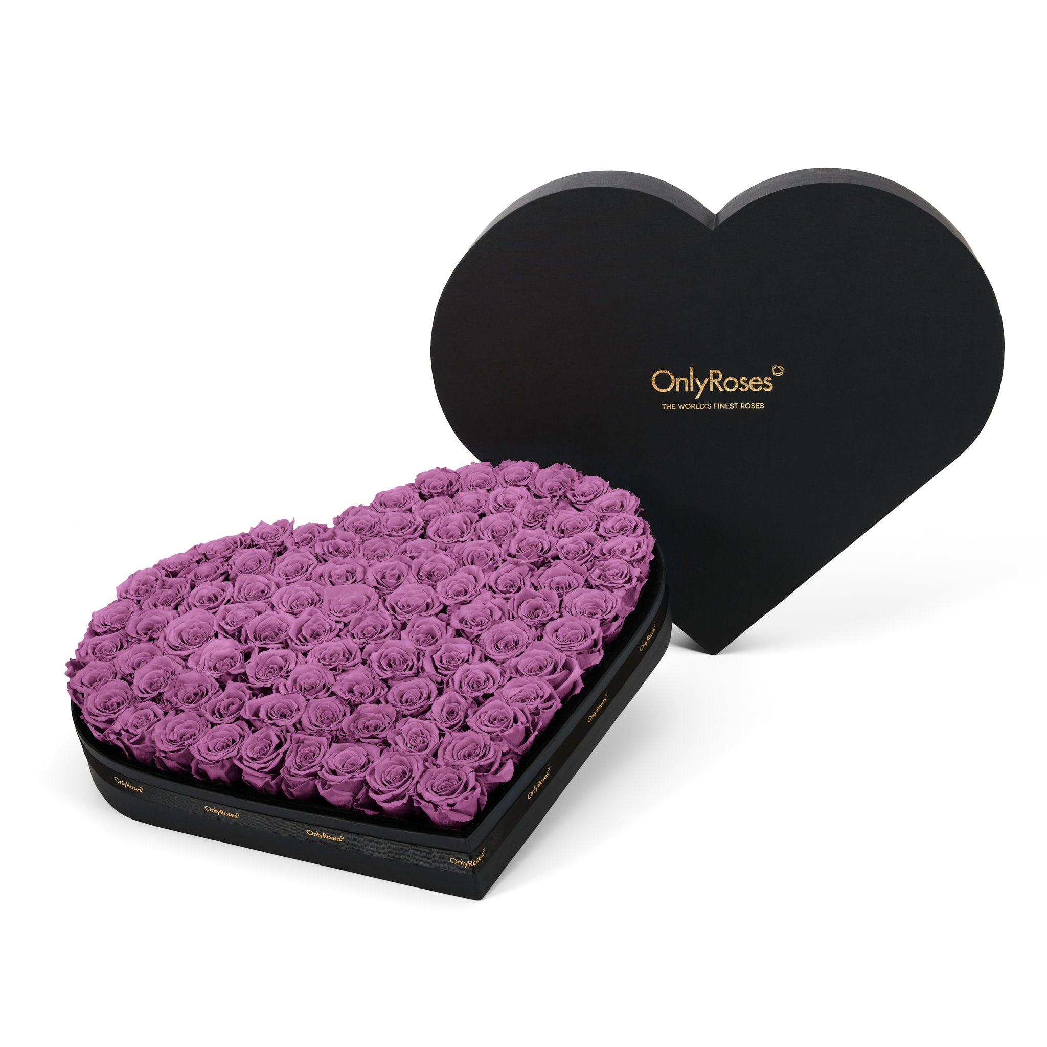Heart-shaped box of purple roses with 'OnlyRoses' branding on a white background