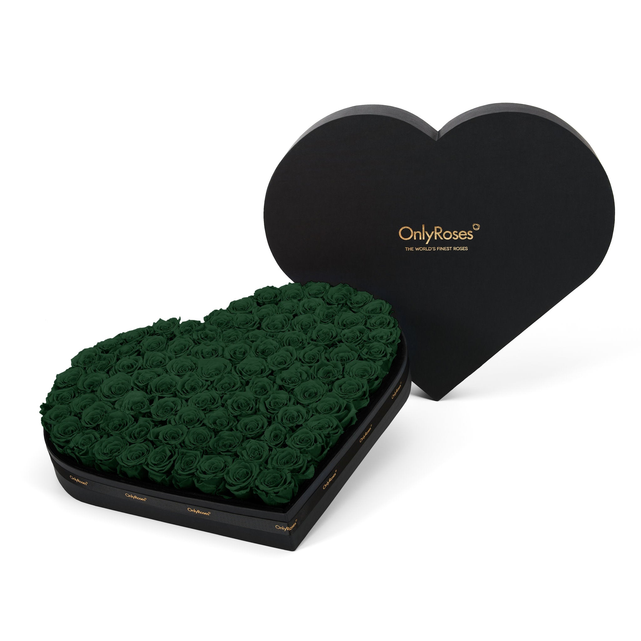 Heart-shaped box of dark green roses with 'OnlyRoses' branding on a white background