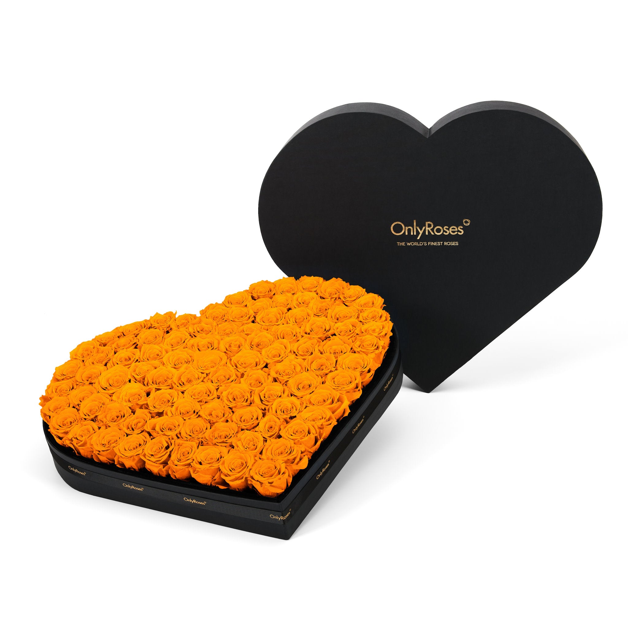 Heart-shaped box filled with orange roses and black lid, featuring 'OnlyRoses' branding.