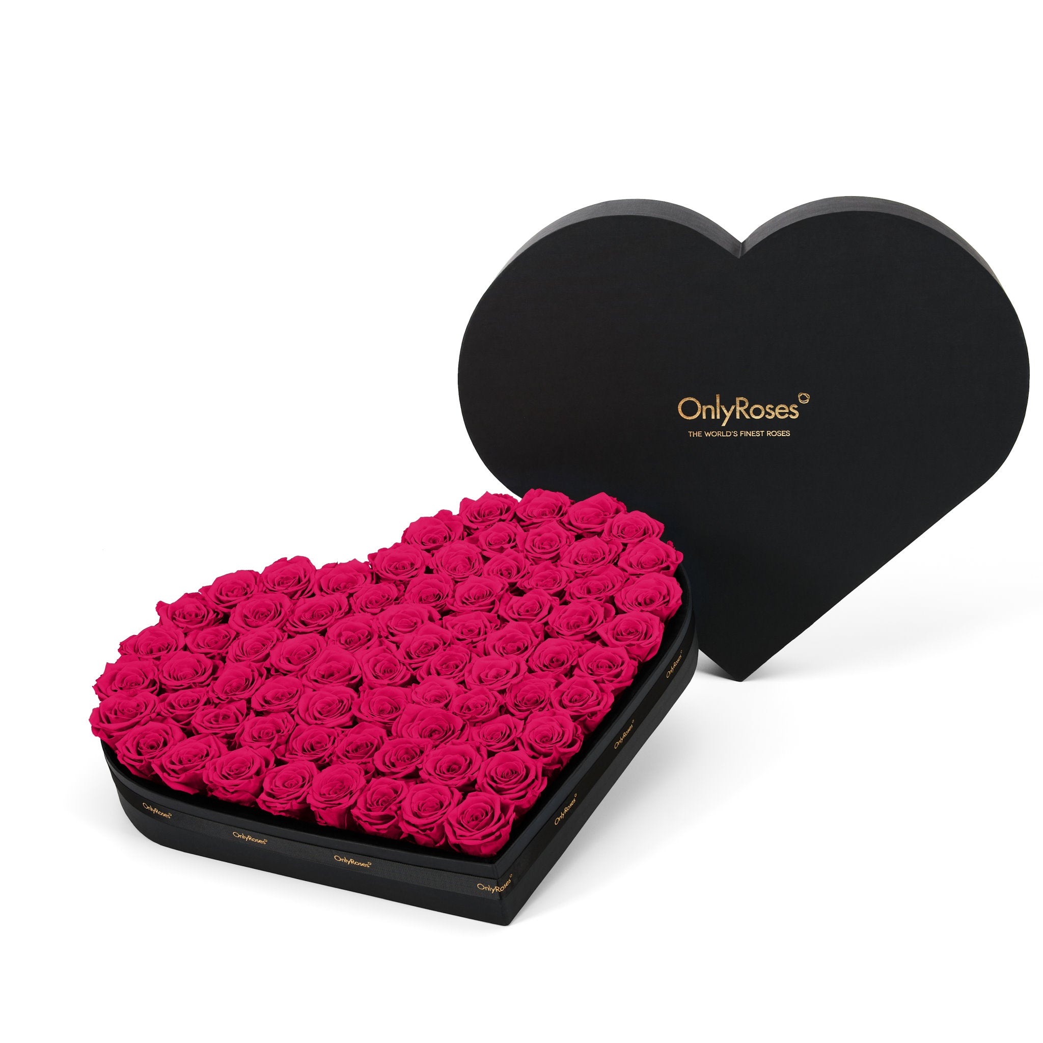 Heart-shaped box of pink roses with 'Only Roses' branding on a white background