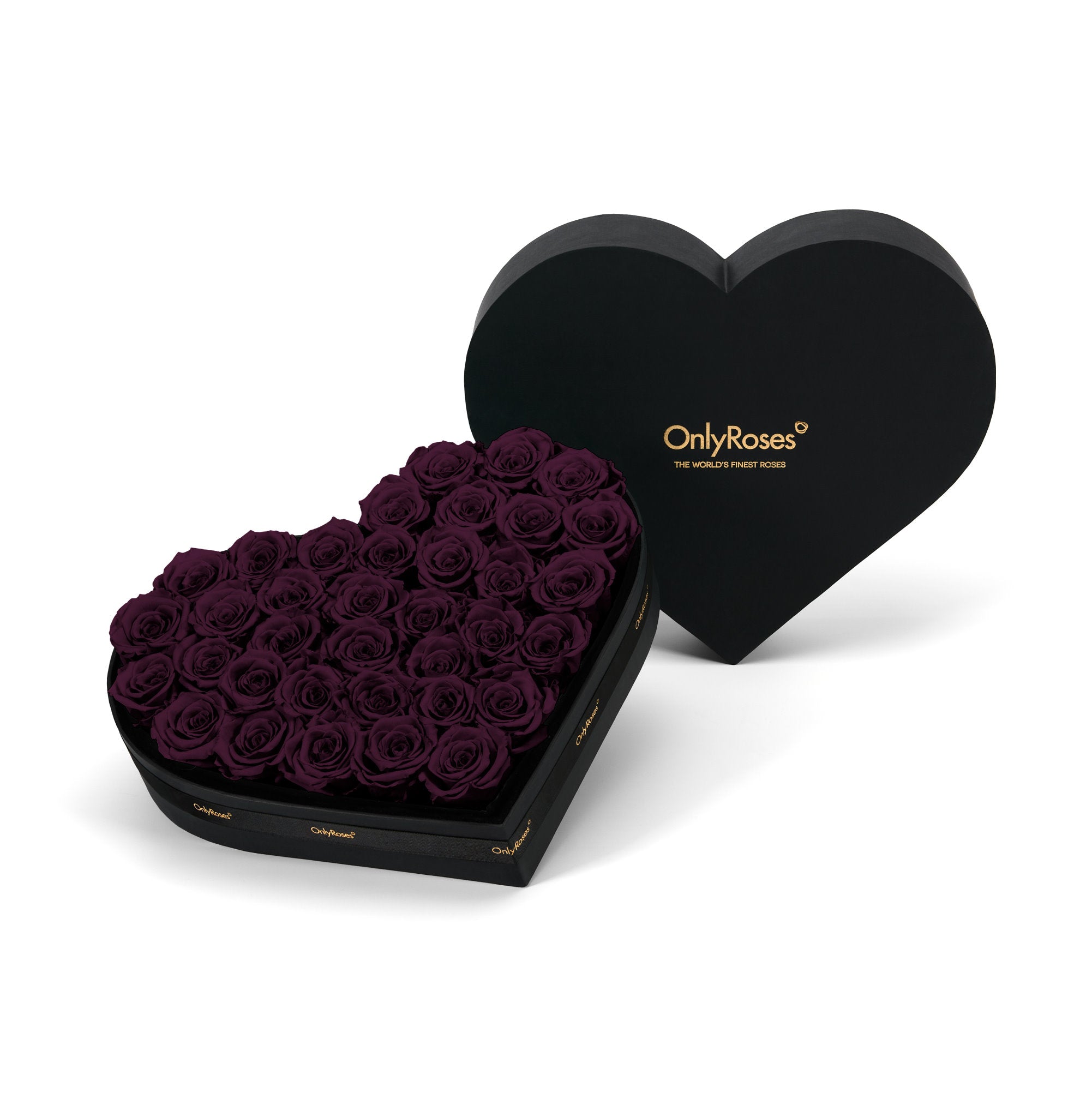 Heart-shaped box of purple roses with 'OnlyRoses' branding on a white background