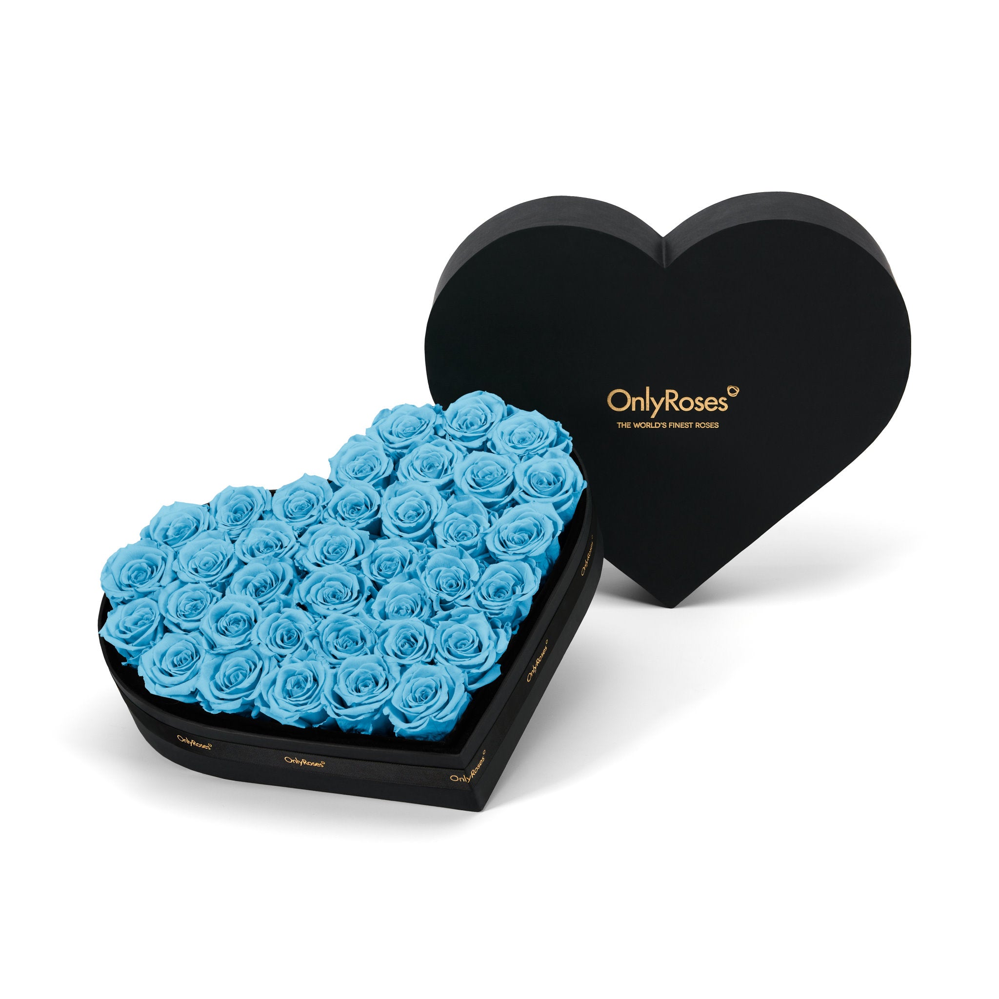 Heart-shaped box of blue roses with 'OnlyRoses' branding on a white background