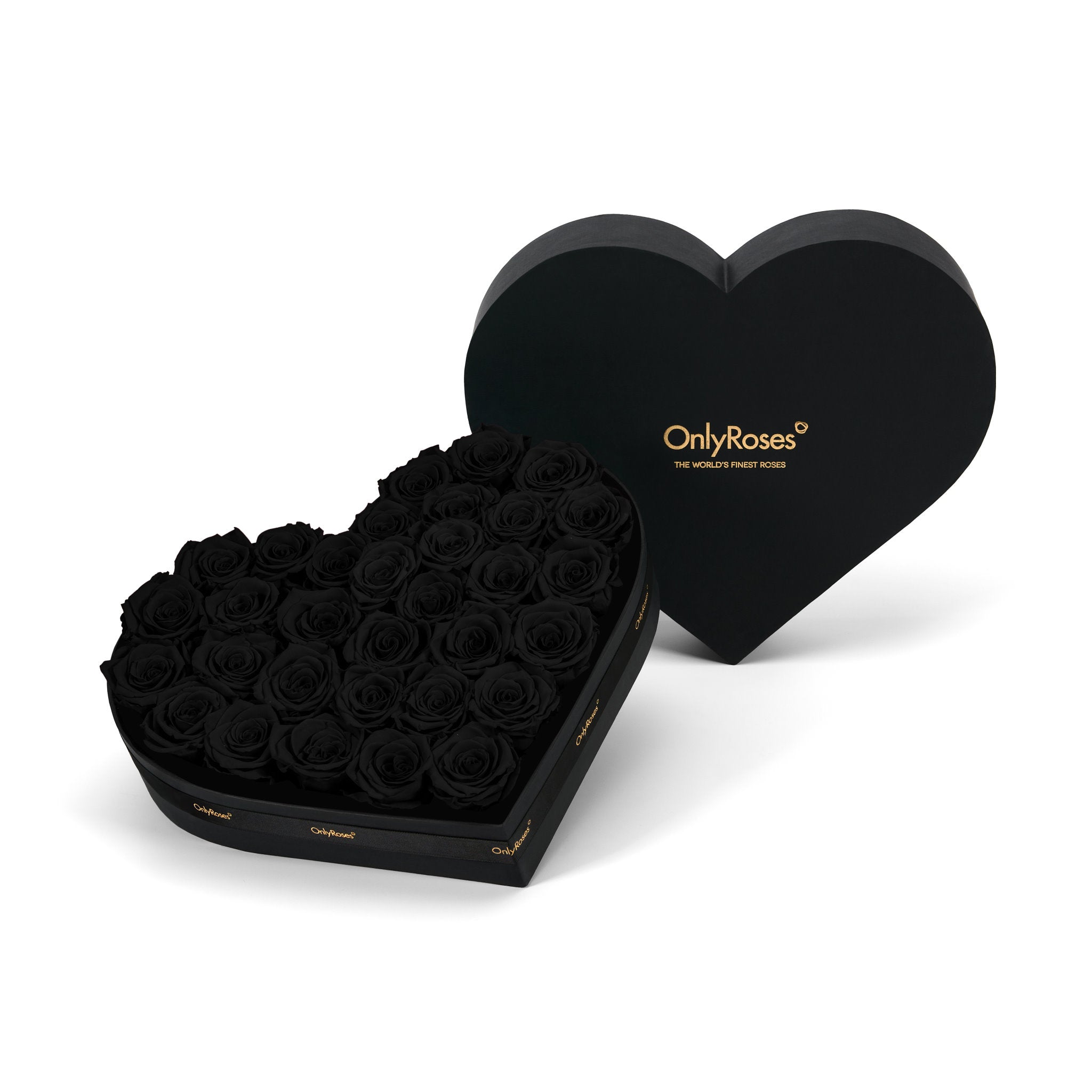 Heart-shaped box of black roses with 'OnlyRoses' branding on a white background