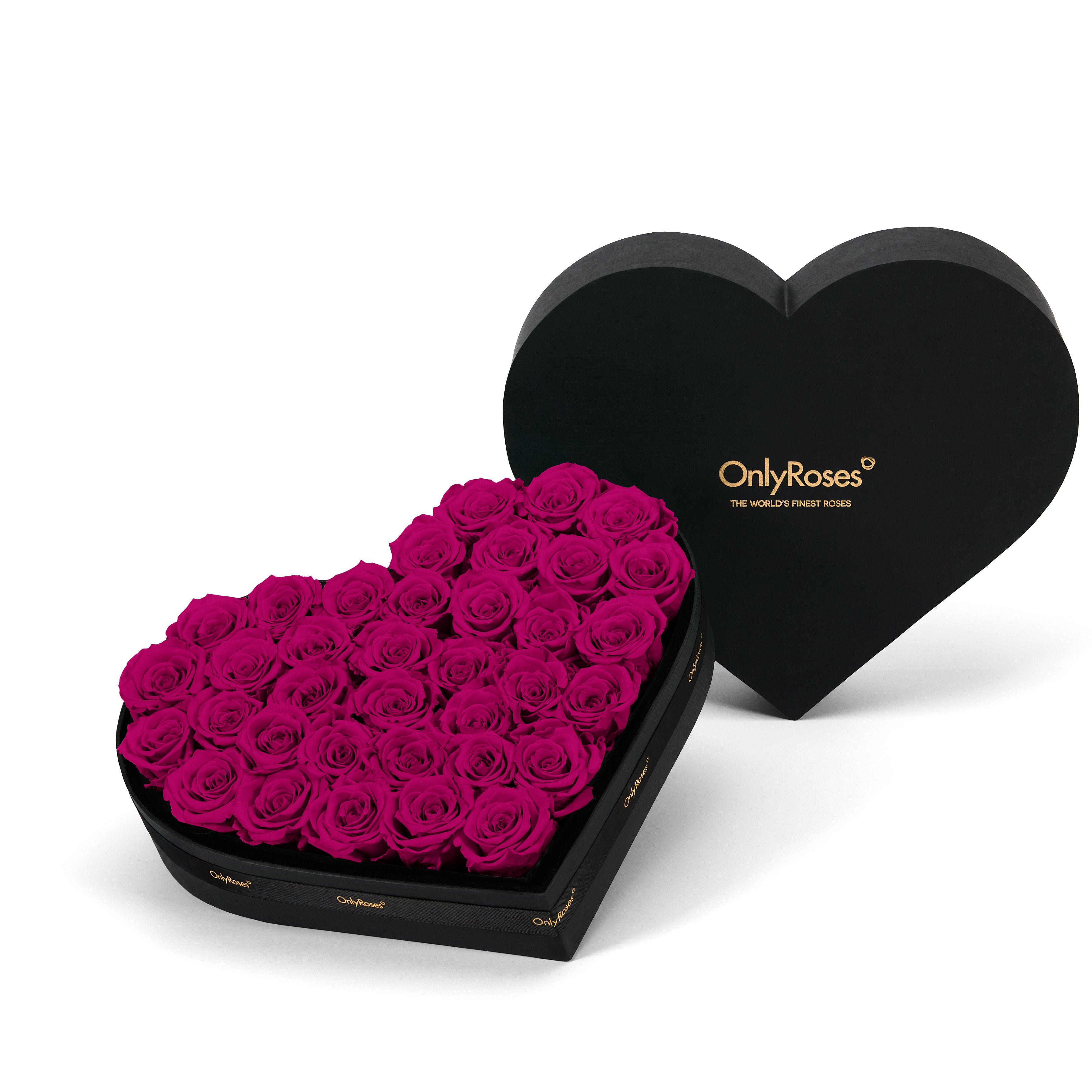 Heart-shaped box of pink roses with 'OnlyRoses' branding on a white background