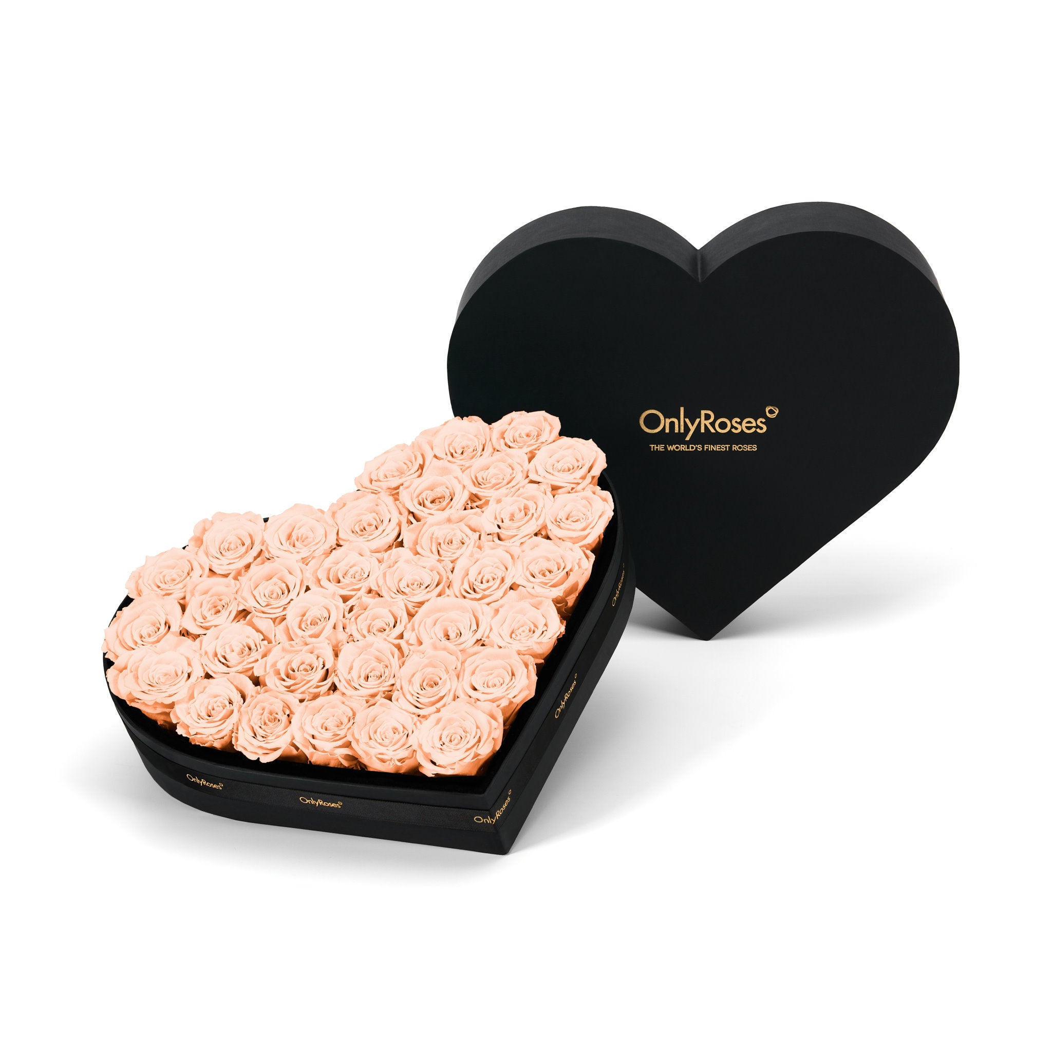 Heart-shaped box of peach roses with 'OnlyRoses' branding on a white background