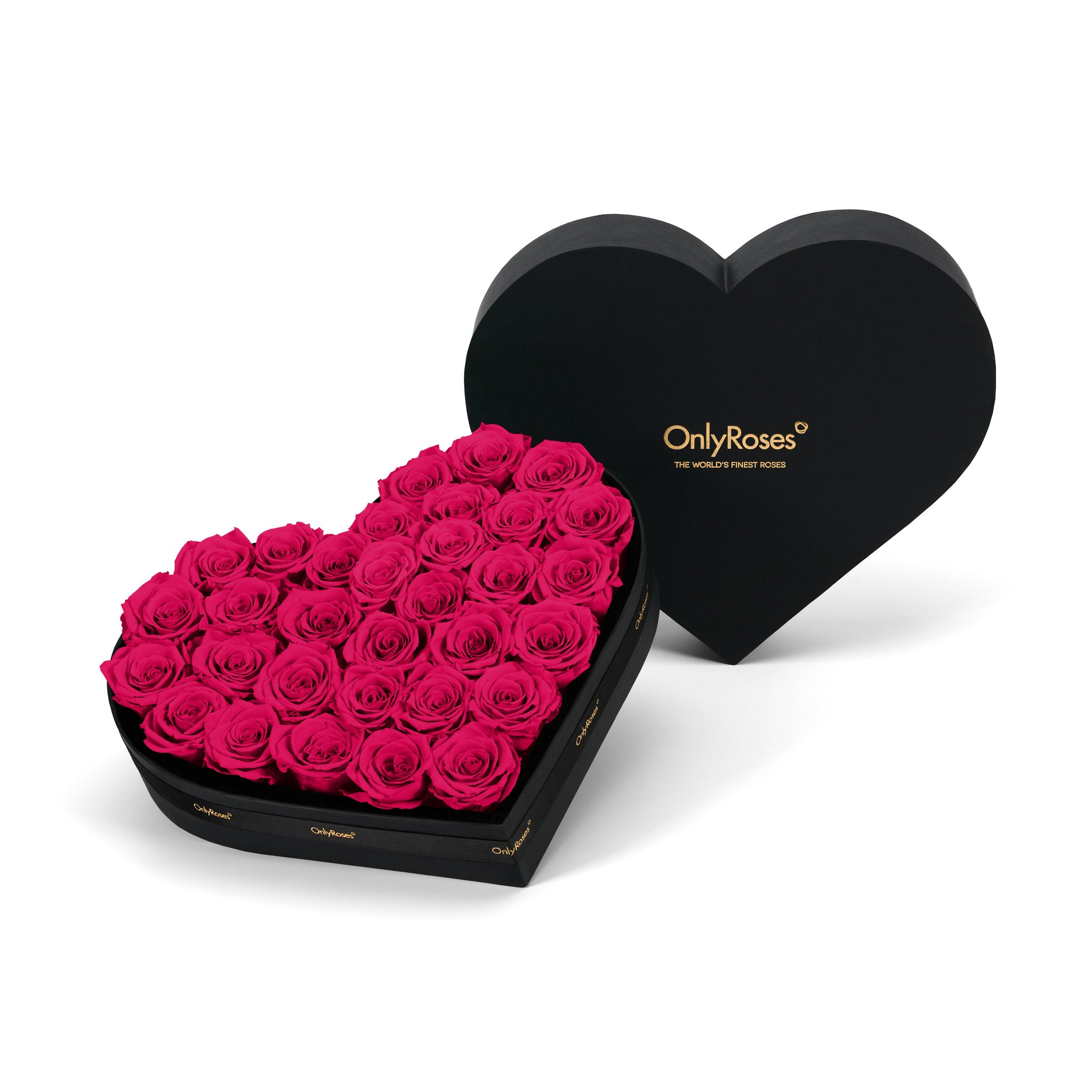 Heart-shaped box of pink roses with 'OnlyRoses' branding on a white background