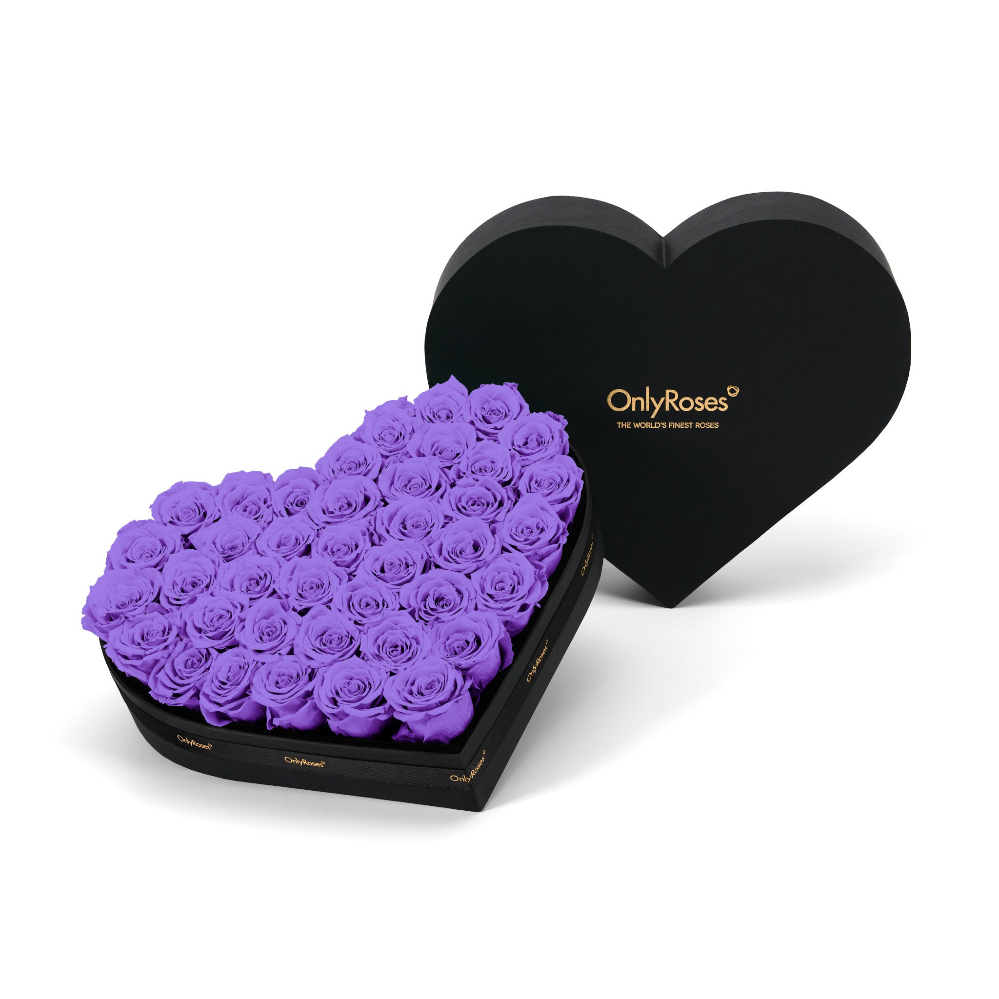 Heart-shaped box of purple roses with 'OnlyRoses' branding on a white background