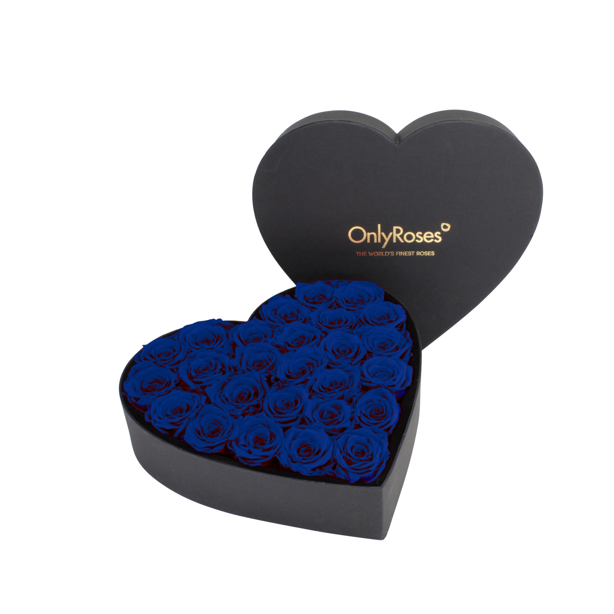 Heart-shaped box of royal blue roses with 'OnlyRoses' branding on a white background