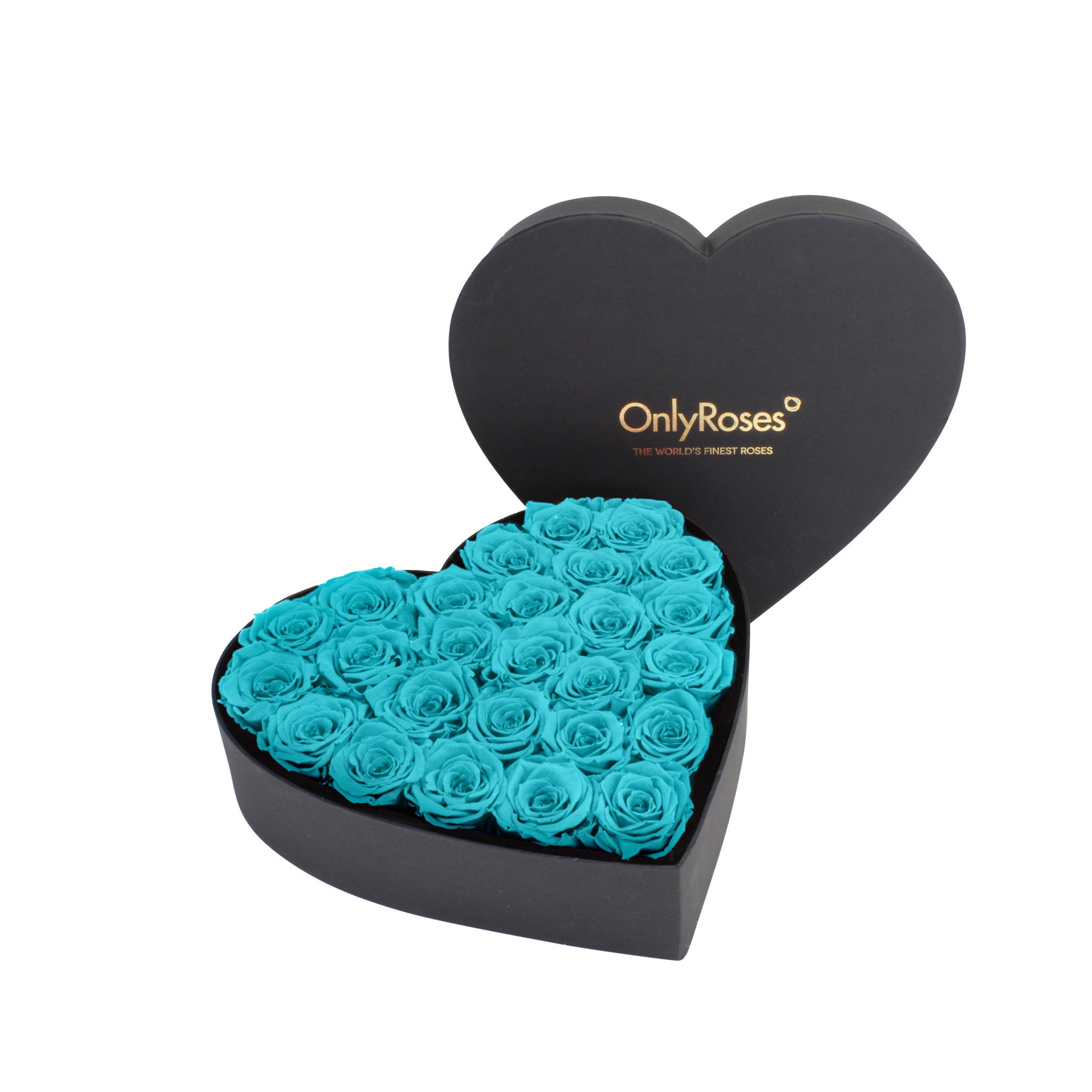 Heart-shaped box of turquoise roses with 'OnlyRoses' branding on a white background