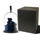 Glass dome with blue roses and a black box on a white background