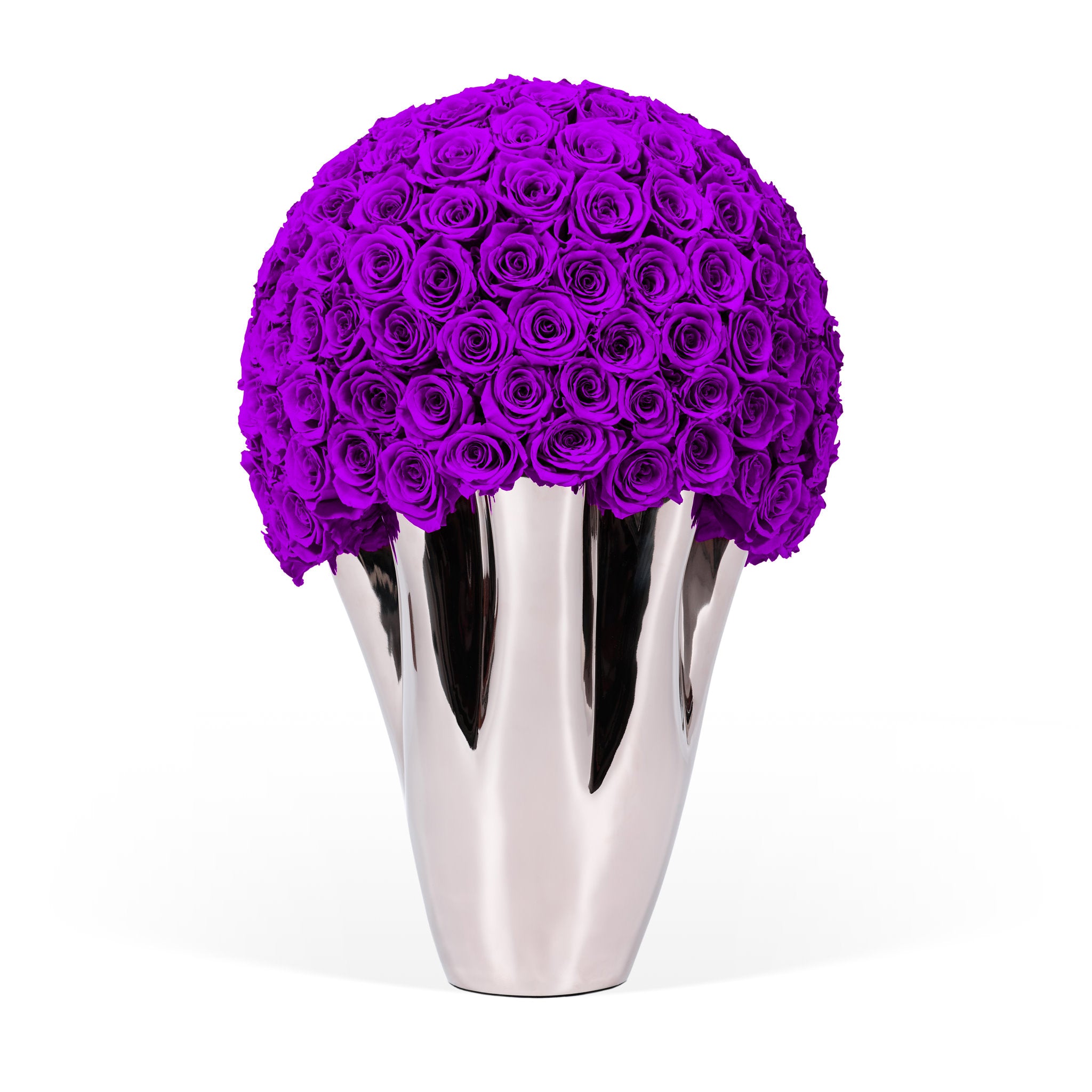 Silver vase with purple flowers on a white background