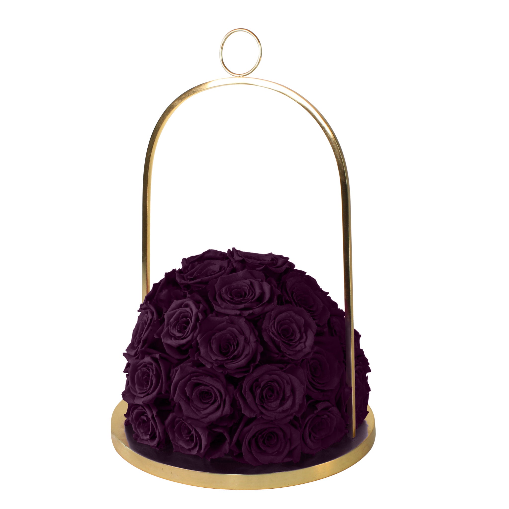 Purple roses in a gold holder on a white background