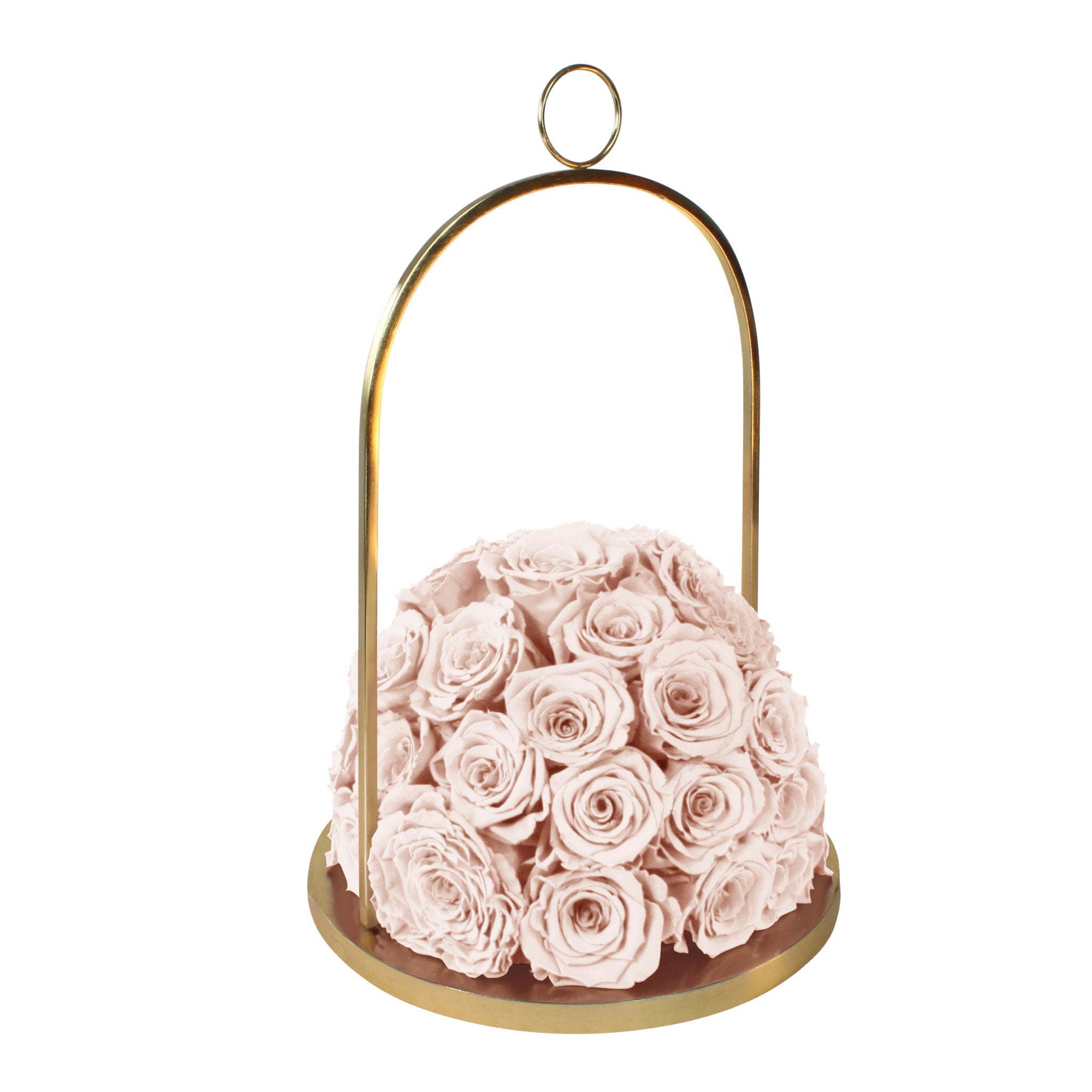 Gold hanging holder with pink roses on a white background