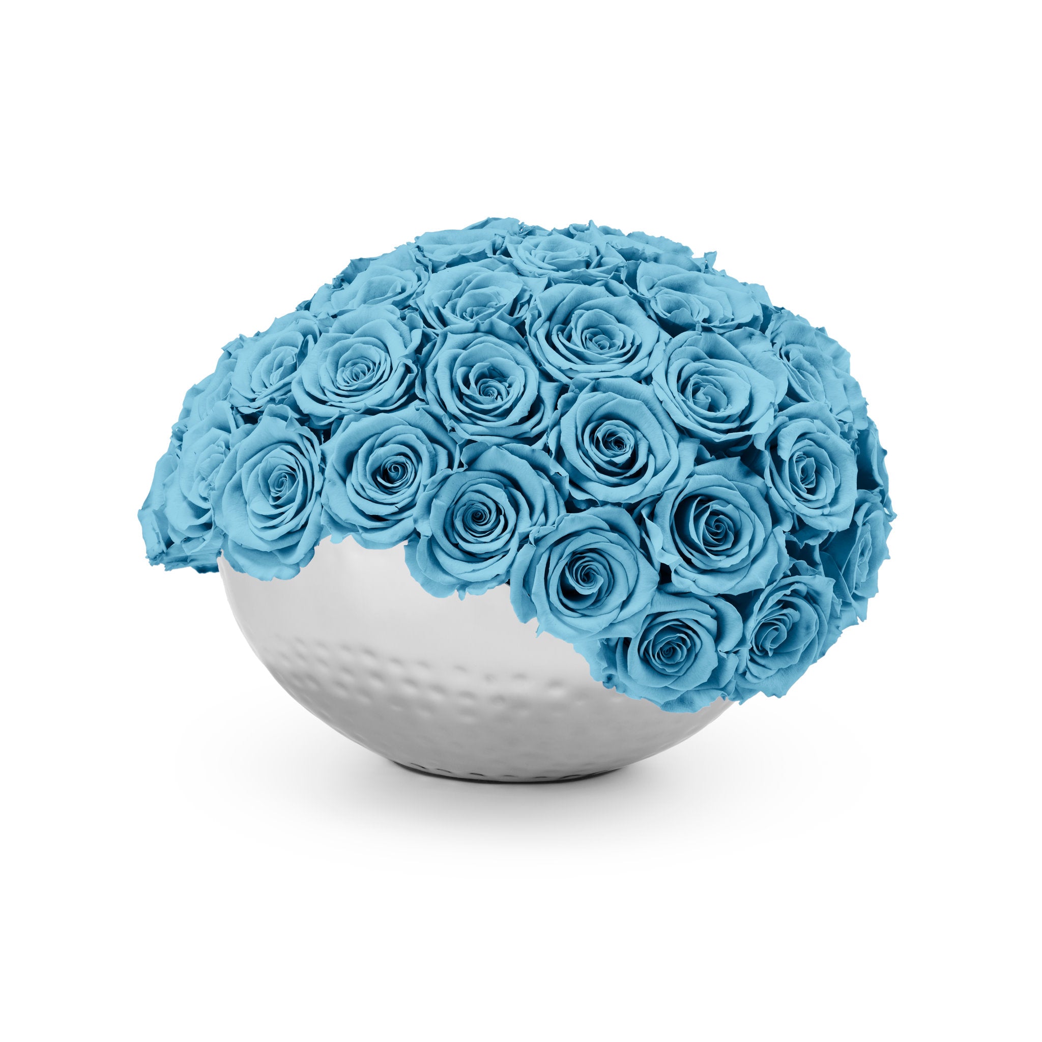 Bouquet of blue roses in a white spherical vase on a white background