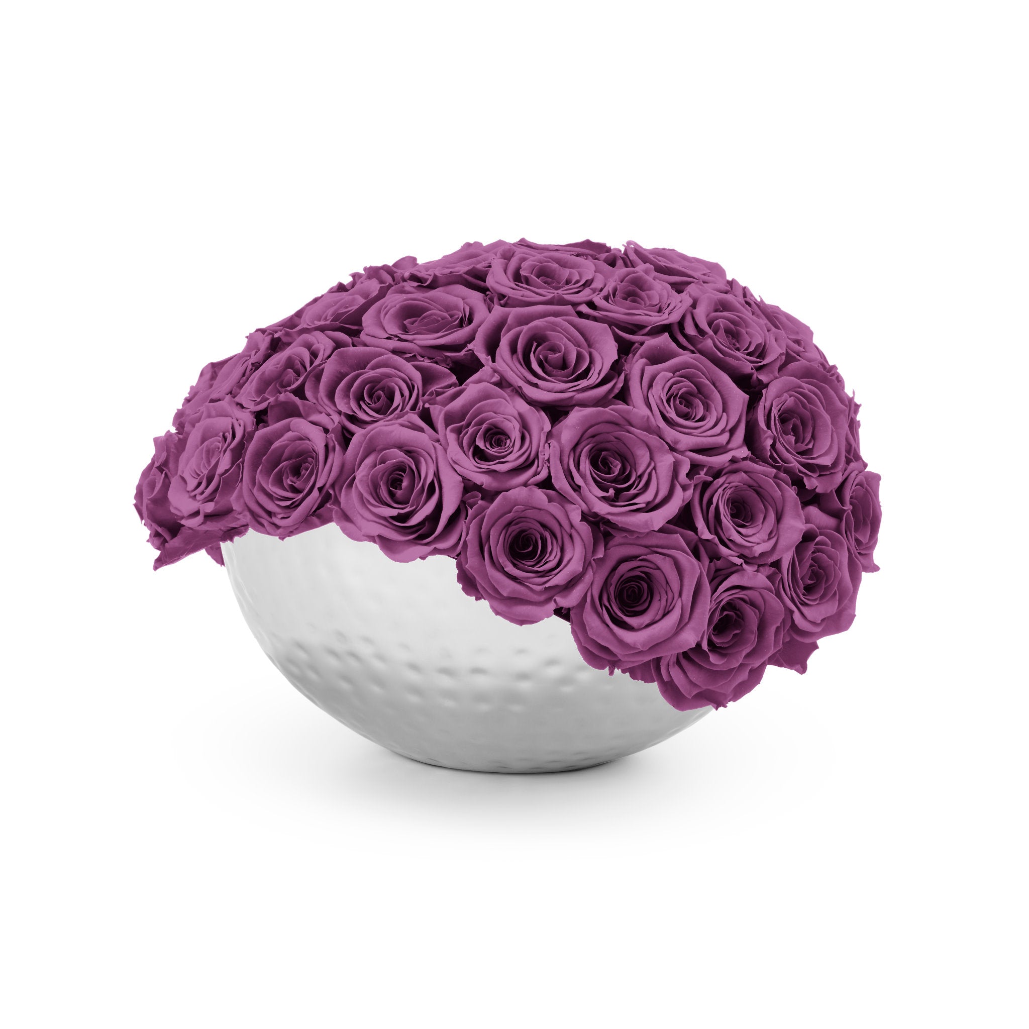 White spherical vase filled with purple roses on a white background