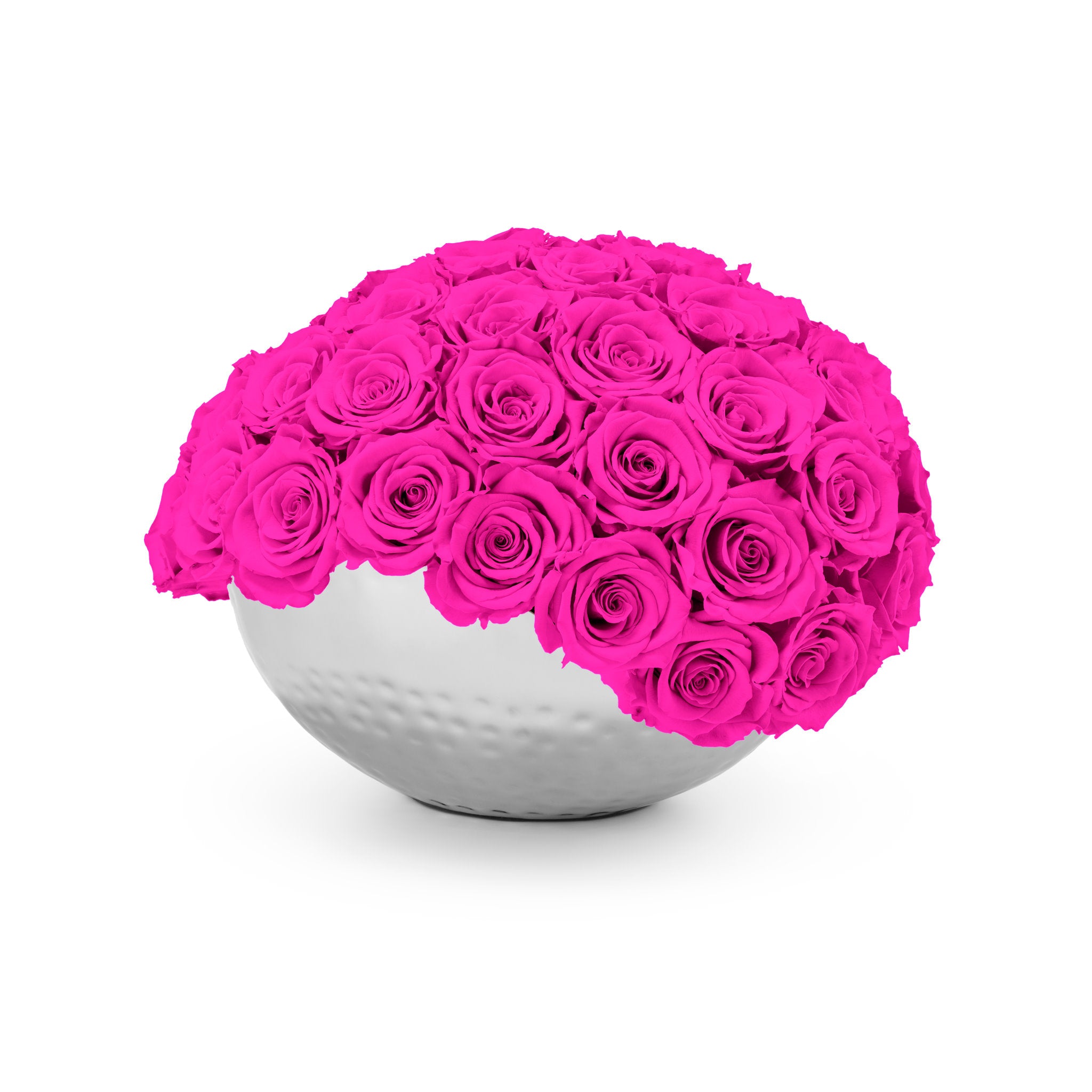 Spherical arrangement of pink roses in a white vase on a white background