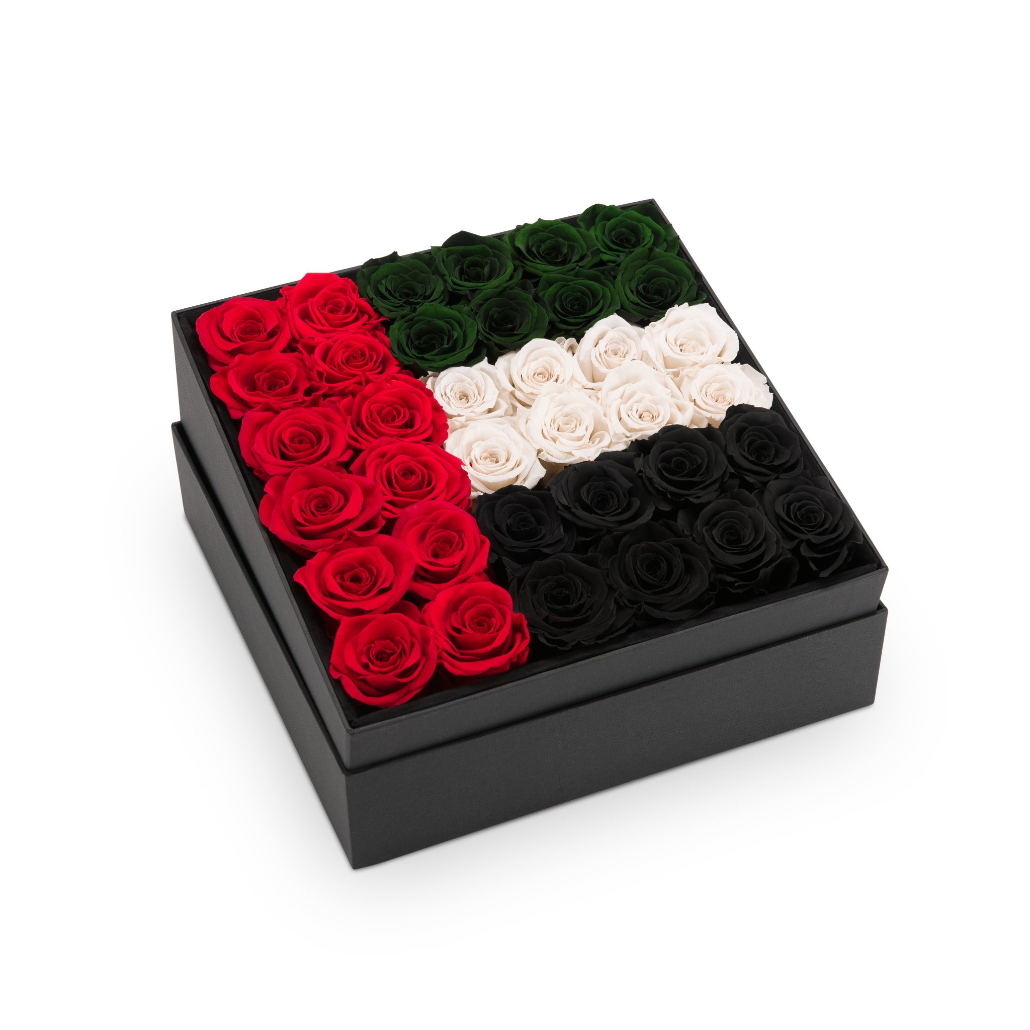 Rose arrangement in the shape of the United Arab Emirates flag in a black box.