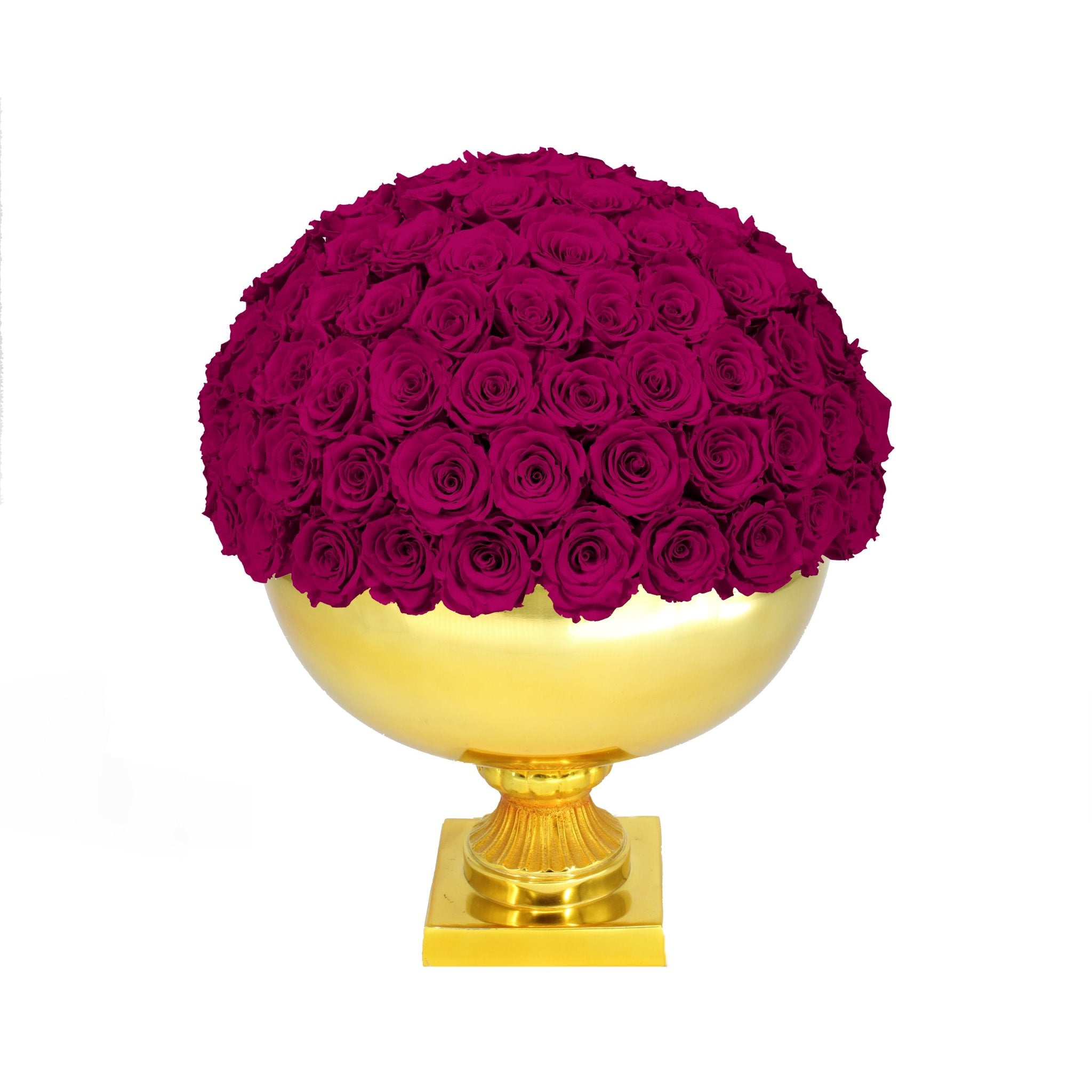Spherical arrangement of purple roses on a gold pedestal against a white background