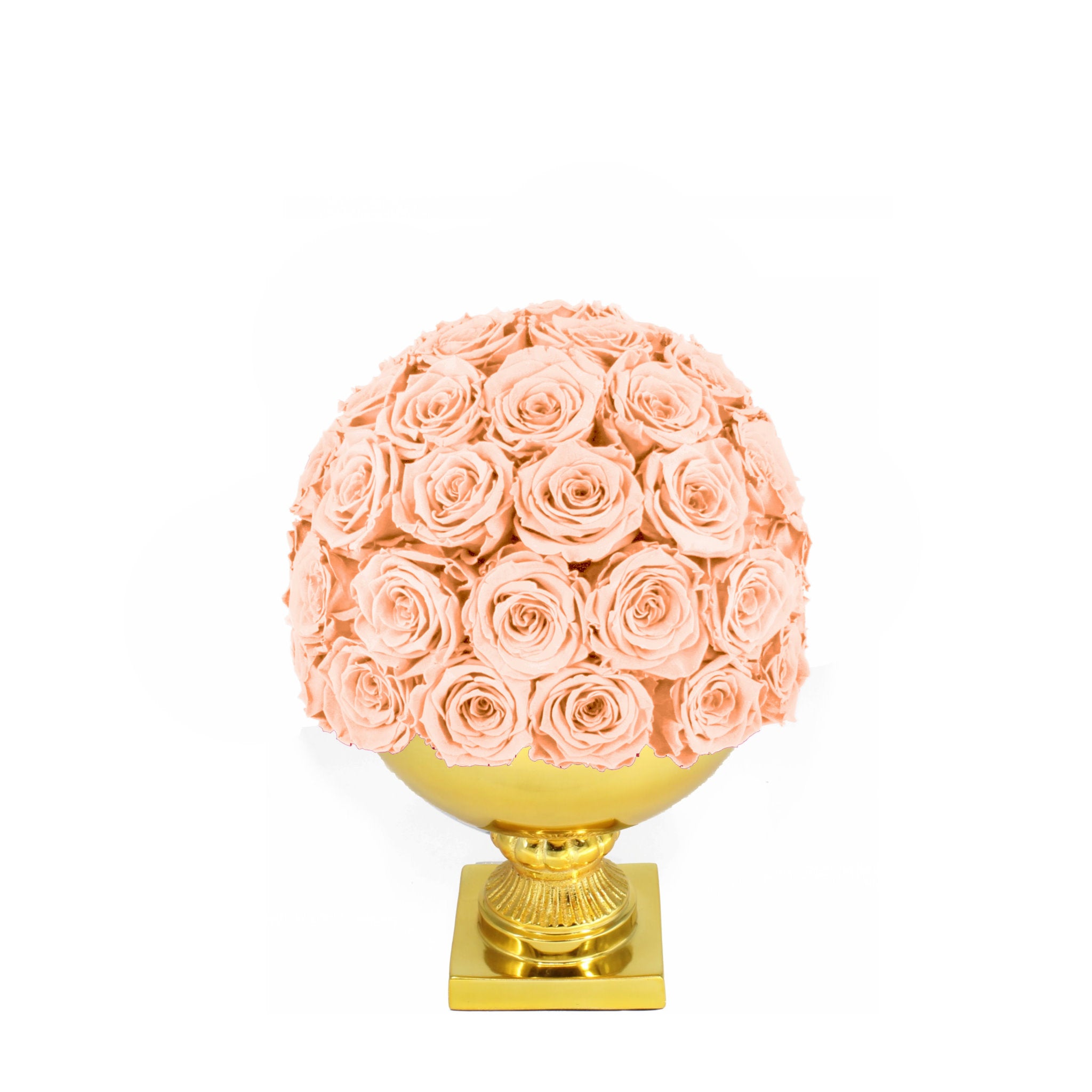Decorative sphere made of pink roses on a gold base against a white background