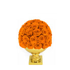 Ball of orange roses on a gold pedestal against a white background