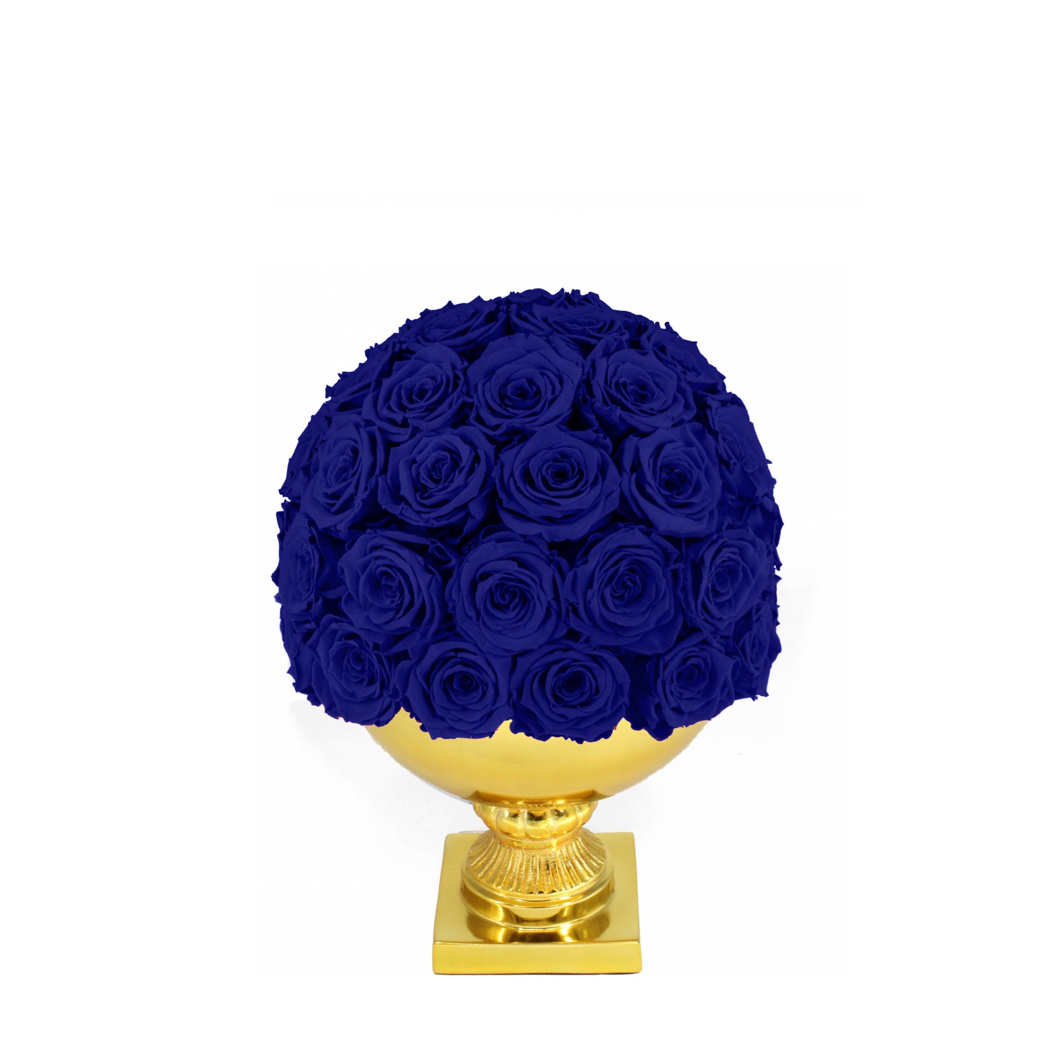 Bouquet of blue roses on a gold pedestal against a white background